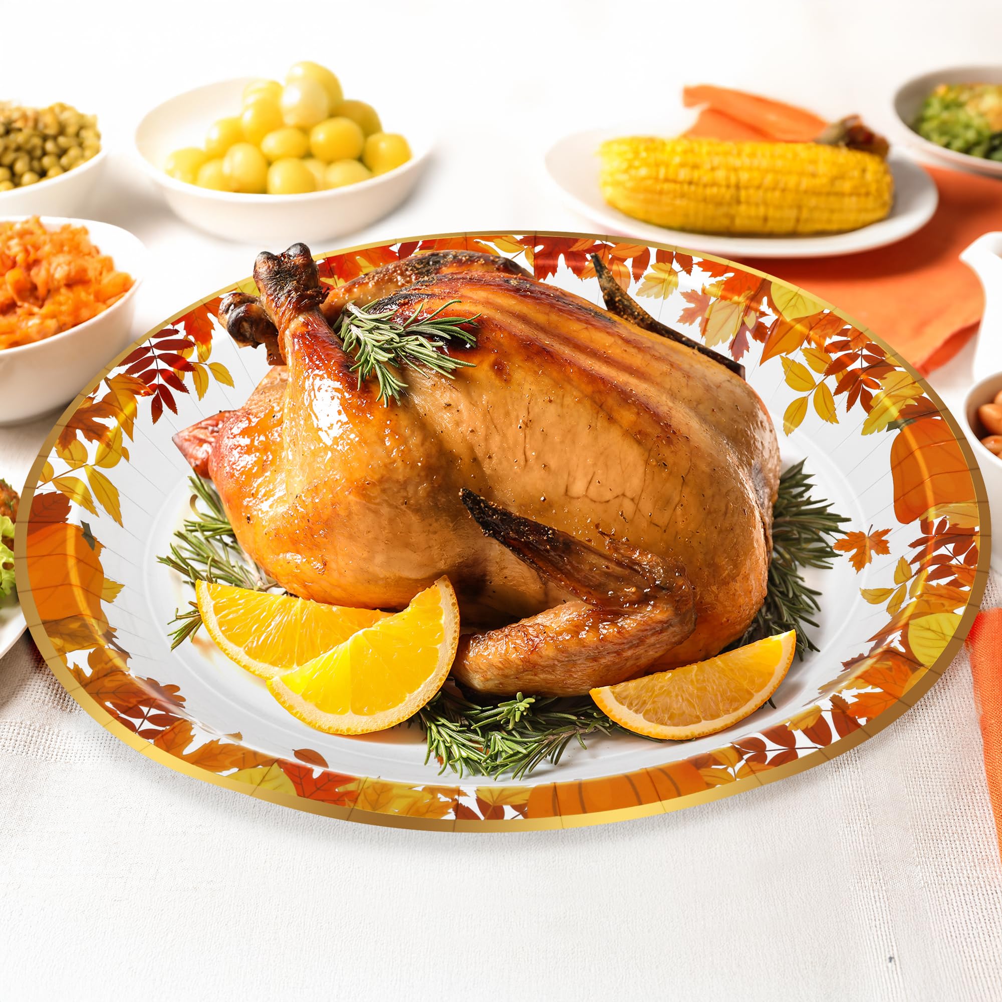 50 Pcs Thanksgiving Plates, 12.2    10.2 Inches Thanksgiving Oval Plates, Foil Gold Border Heavy Duty Fall Tableware, Disposable