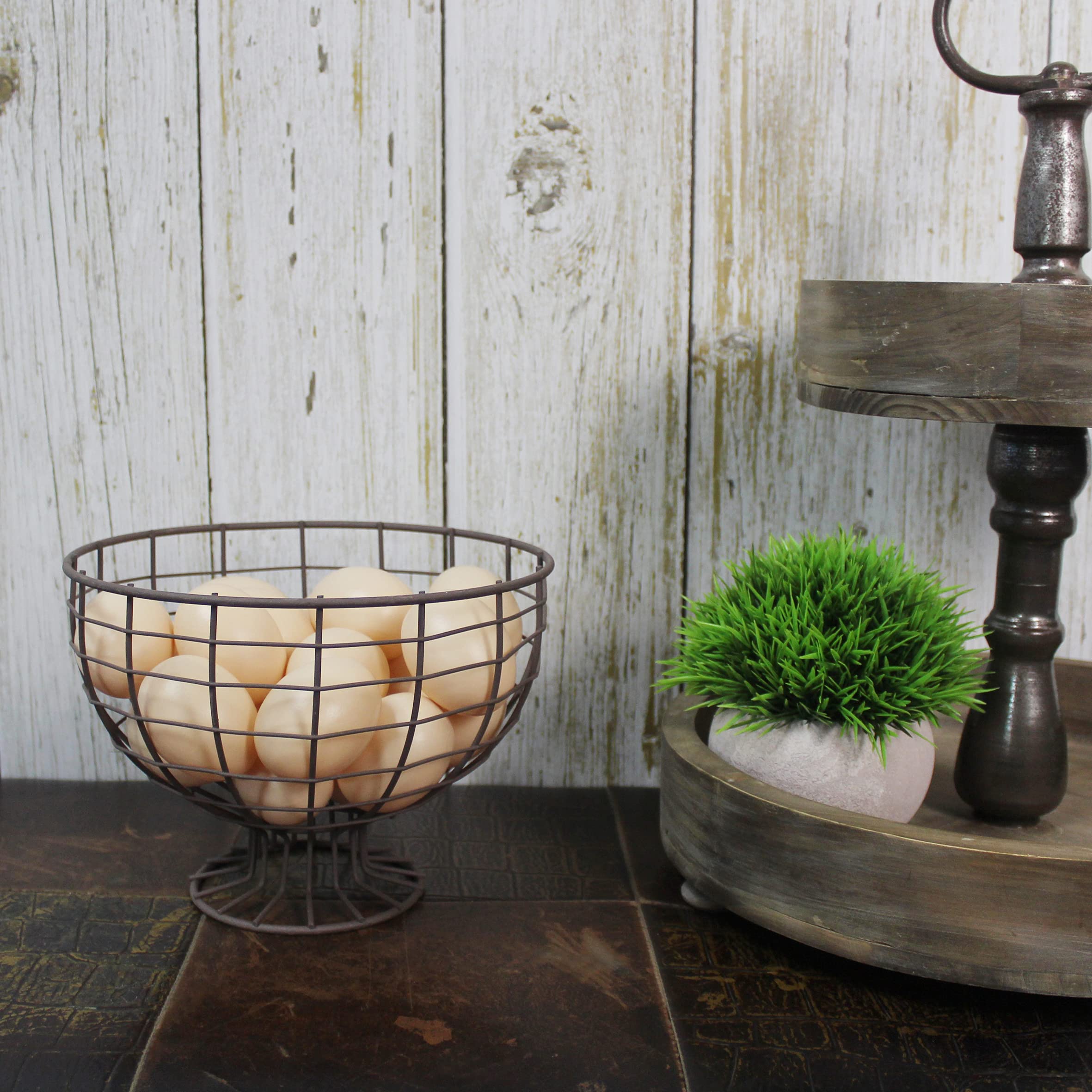 Cvhomedeco. Metal Wire Round Egg Basket With Pedestal Counter Top Fruit Bowl Storage For Kitchen Home. Rusty
