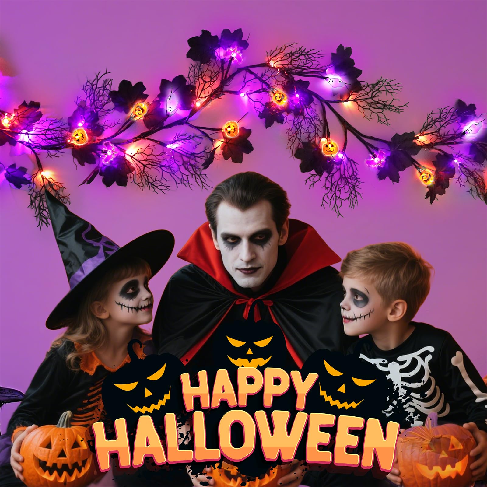 kuaima Halloween Light up Garland with 54 Purple and Orange LED Lights, 6.56 FT Lighted Willow Vine Twig Battery Operated for In