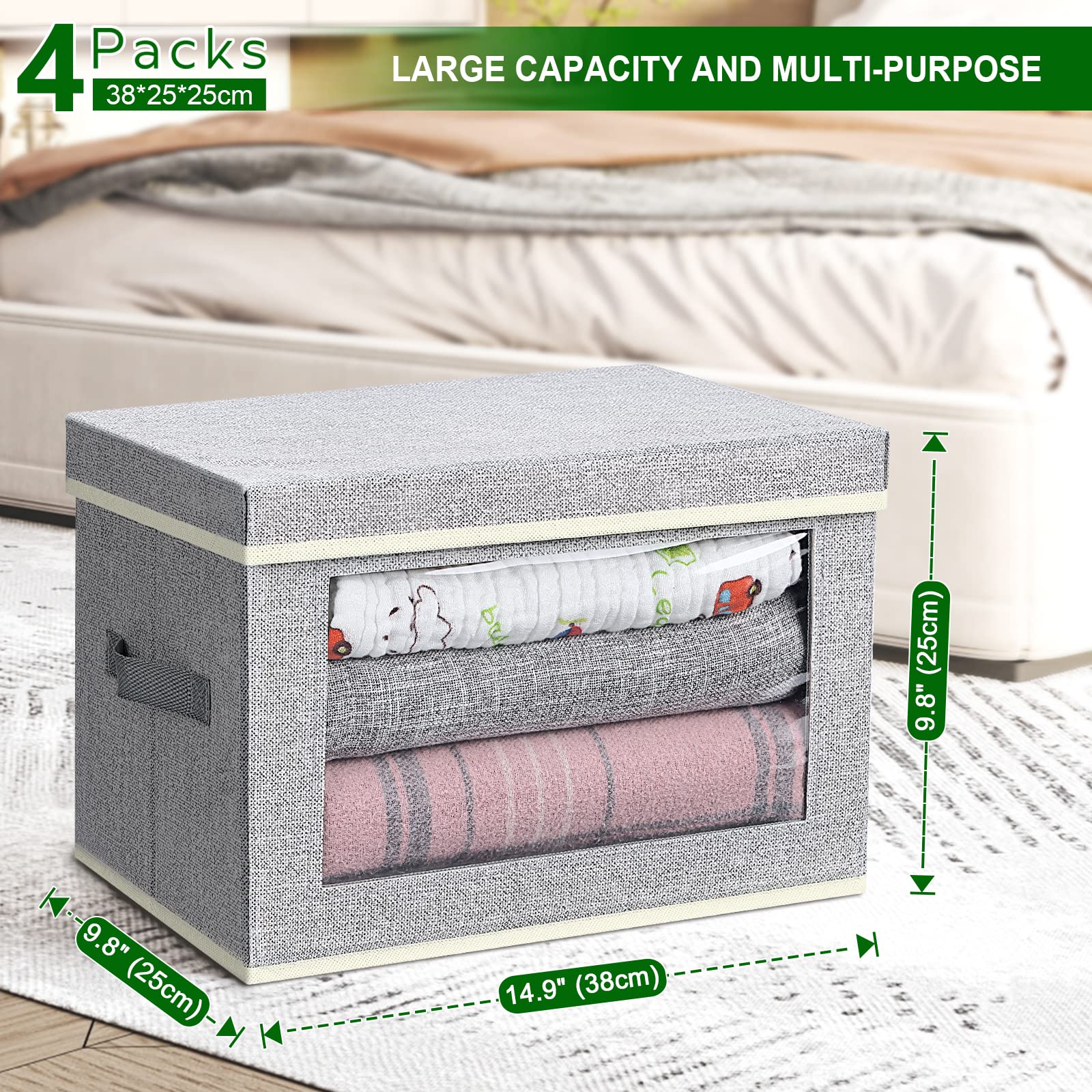 homsorout Storage Baskets  4 Packs Large Storage Bins with Lids Window  Fabric Storage Cubes Bins for Organization  Line Closet Organizer Bins for Bedroom  Living Room  Kids' Room  Blended