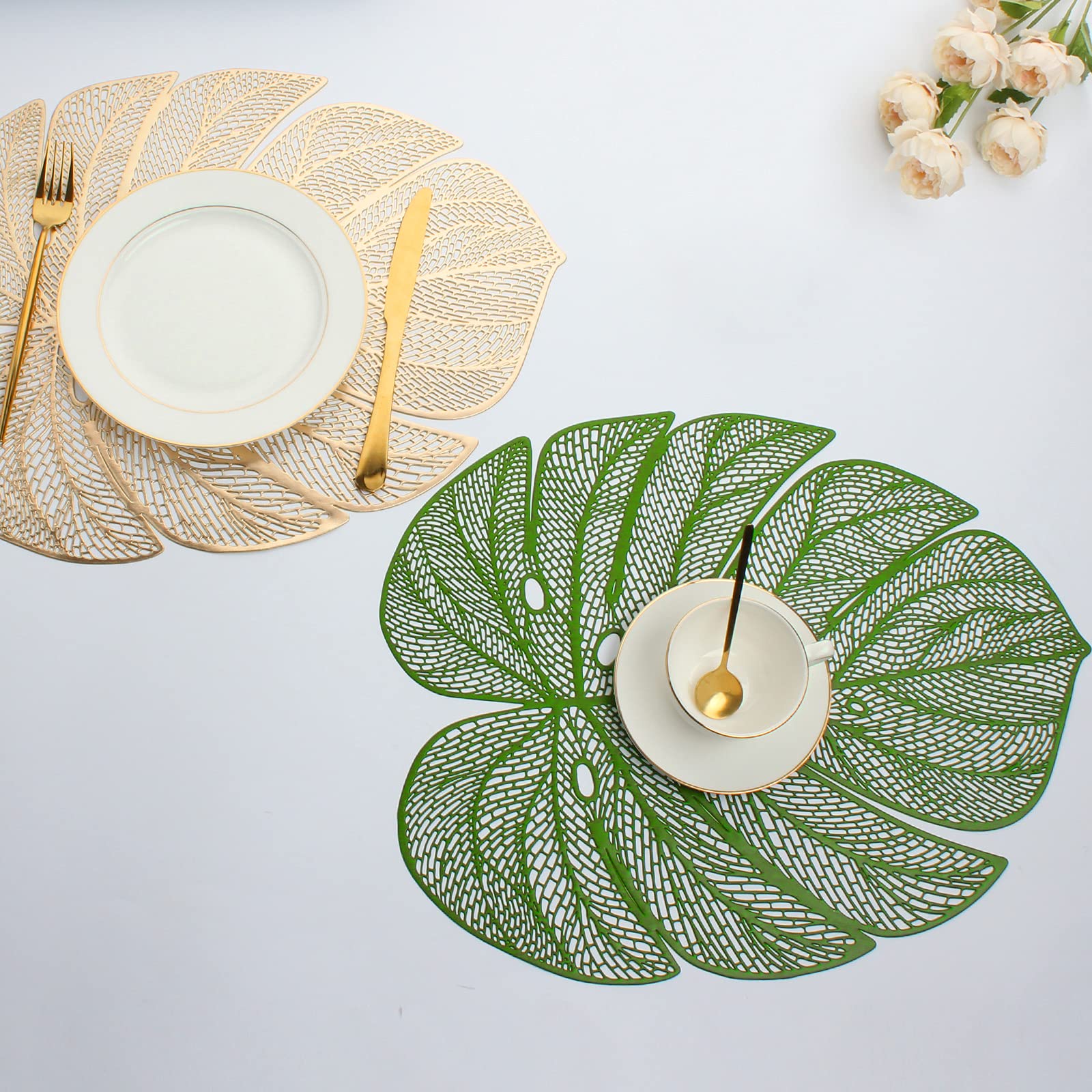 Evevda Green Leaf Shaped Vinyl Placemats For Dinner Table Set Of 8 Metallic Plastic Green Place Mats Wipeable 6Pcs Table Mats Fo