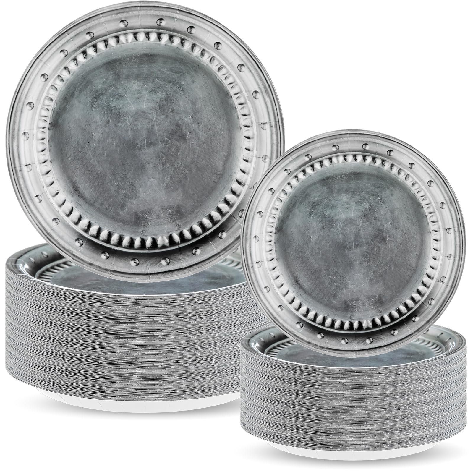 Jingmore 96 Pcs Disposable Pewter Paper Plates Set for Medieval Party Decorations Dinner Round Tableware Silver Grey Plates Disp