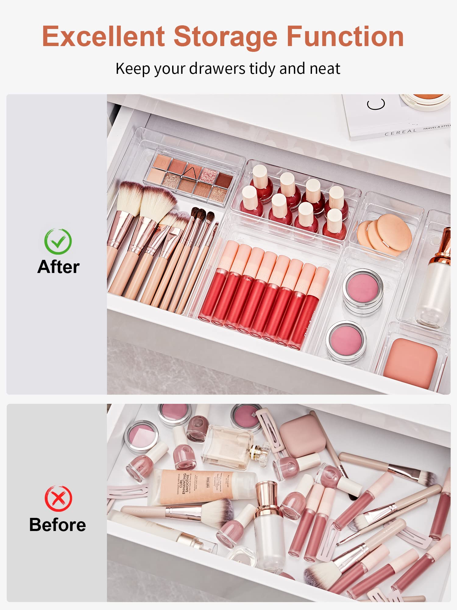 SMARTAKE 13-Piece Drawer Organizer with Non-Slip Silicone Pads, 5-Size Desk Drawer Organizer Trays Storage Tray for Makeup, Jewe