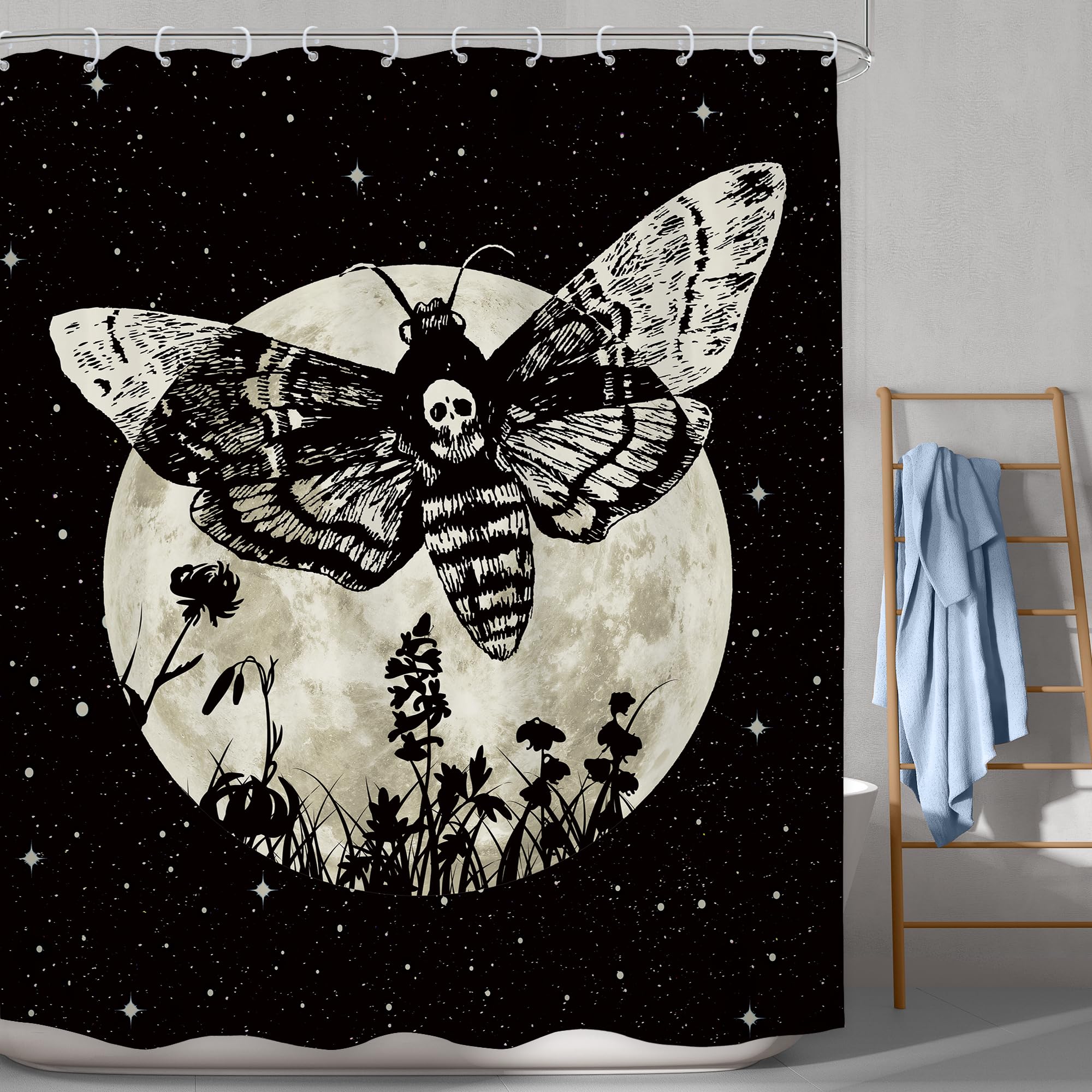 Lghtyro Gothic Skull Moth Shower Curtain Bathroom Set 60Wx71H Inches Mysterious Moon Stars Scary Black Floral Plant Leaves Bath