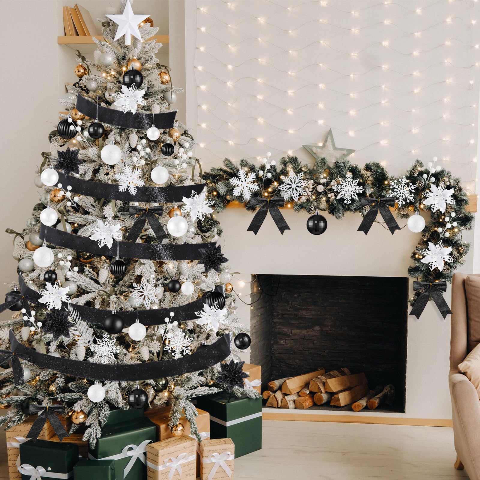 Poen 108 Pcs Christmas Tree Ornament Set Including Xmas Tree Ball Glitter Poinsettia Bows Berries Stems Leaves Snowflakes Ribbon