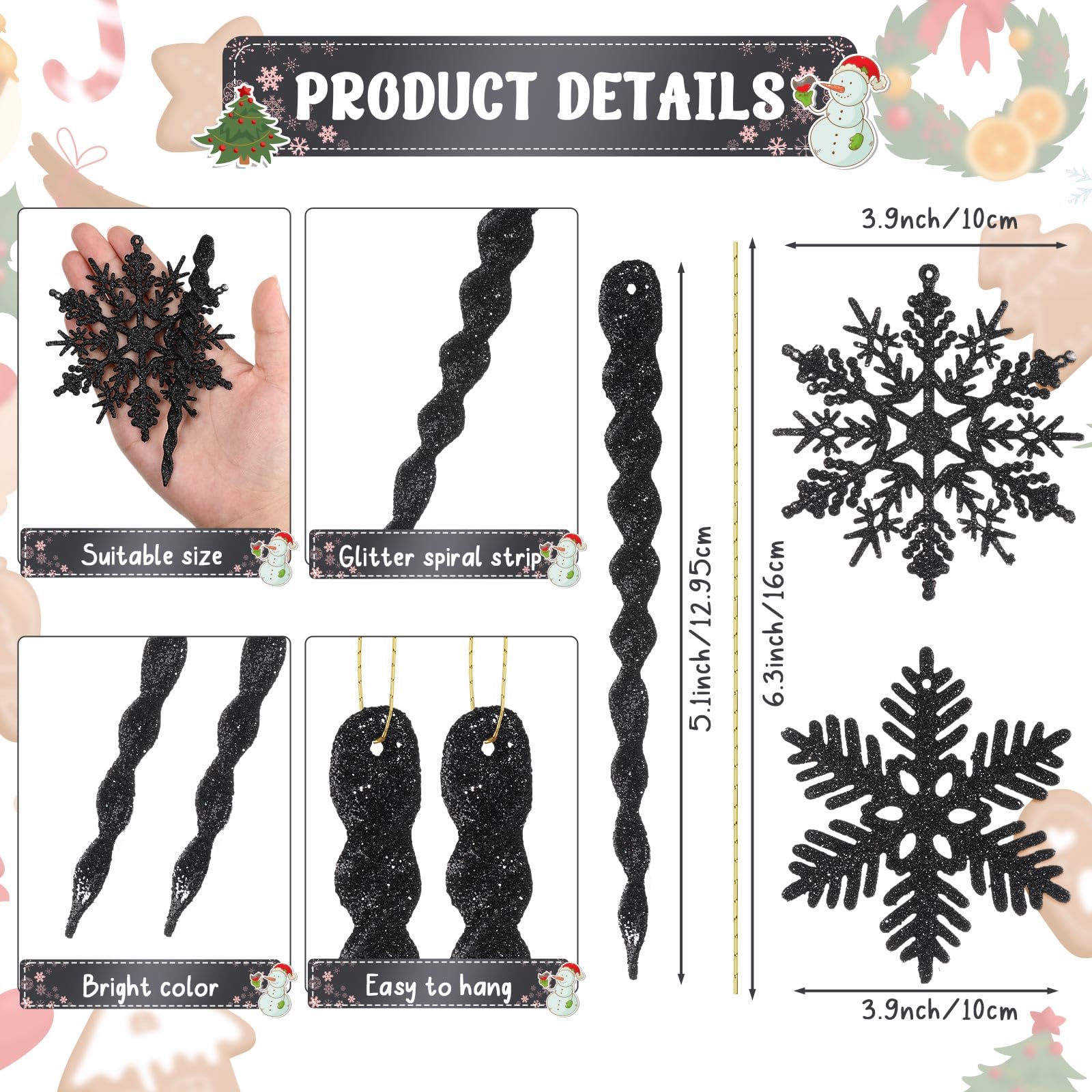 Deekin 72 Pieces Snowflake Icicle Ornaments for Christmas Tree Snowflake Twisted Icicles Glitter Hanging Decorations for Winter