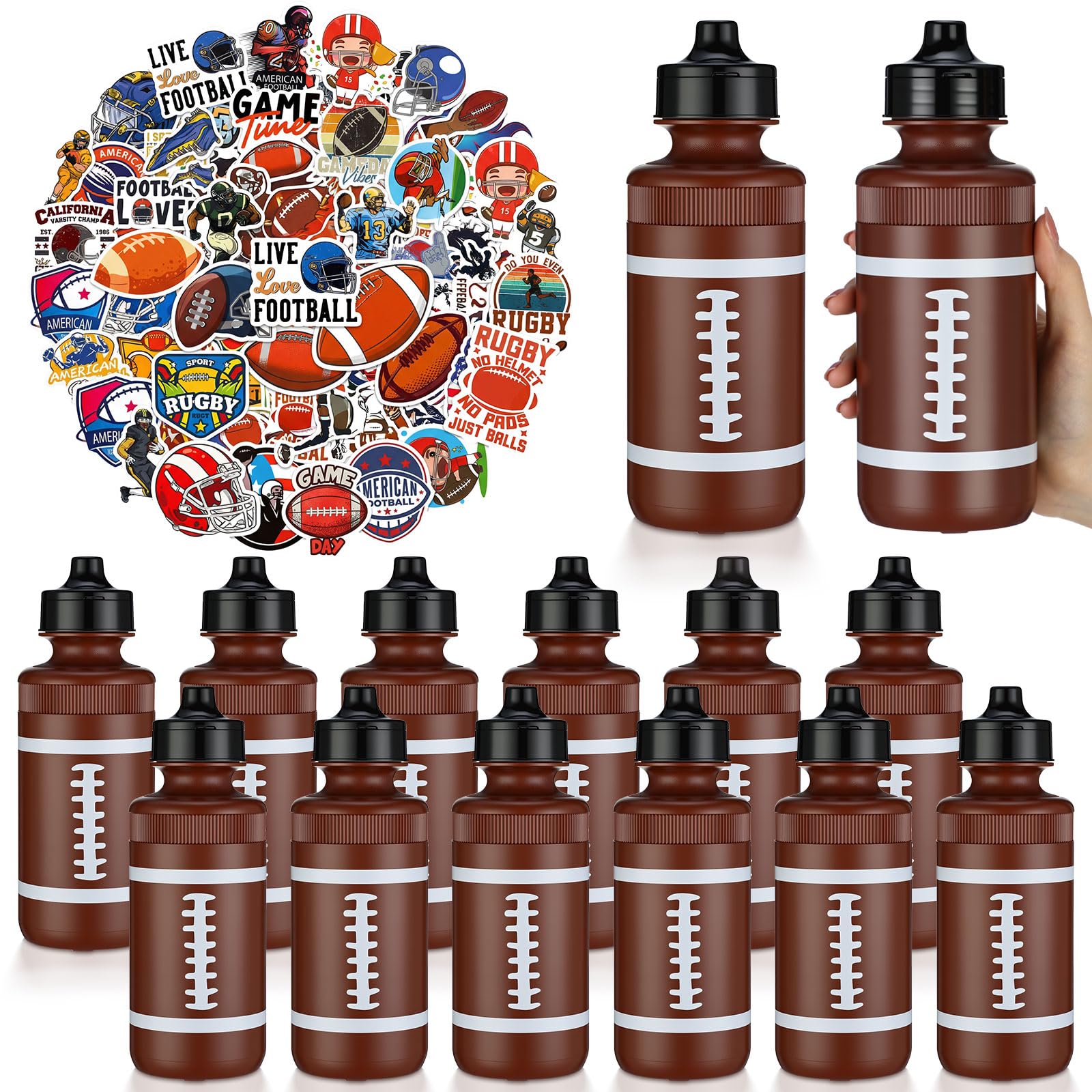 Acellegic 24 Pack Football Water Bottles Bulk, 20oz Sports Squeeze Bottle Set with Stickers and Lanyards, Leakproof Hdpe Reusabl