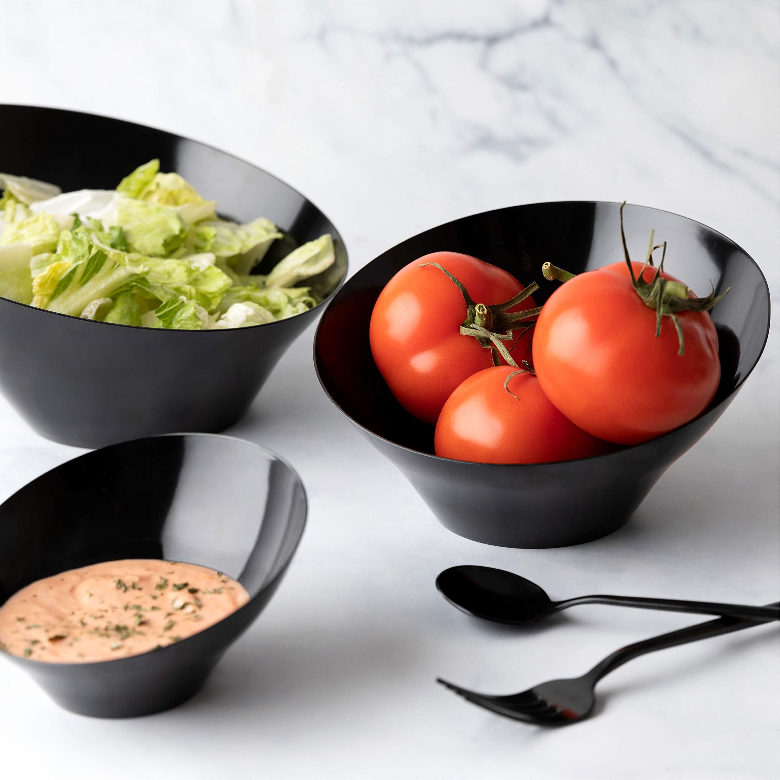 Plasticpro Disposable Angled Plastic Bowls Round Serving Bowls  Party Snack or Salad Bowl  Heavy Duty  Elegant Black  Pack of 4
