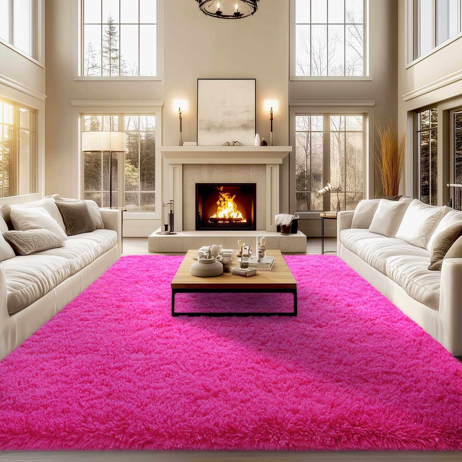 qulint 9x12 Area Rug for Living Room, Soft Fluffy Hot Pink Rugs for Bedroom Girls Shag Shaggy Large Carpet for Kid Room, Fuzzy P