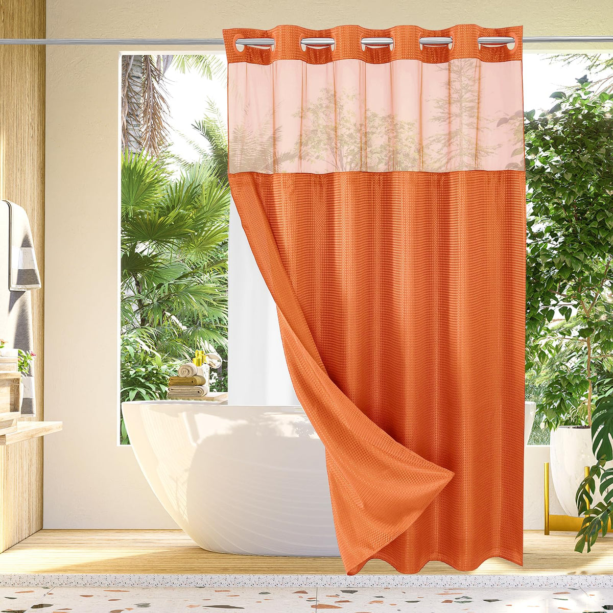 Gibelle Long Shower Curtain 72X80, Waffle Weave Bathroom Shower Curtain With Snap-In Fabric Liner Set, No Hooks Needed, Hotel St