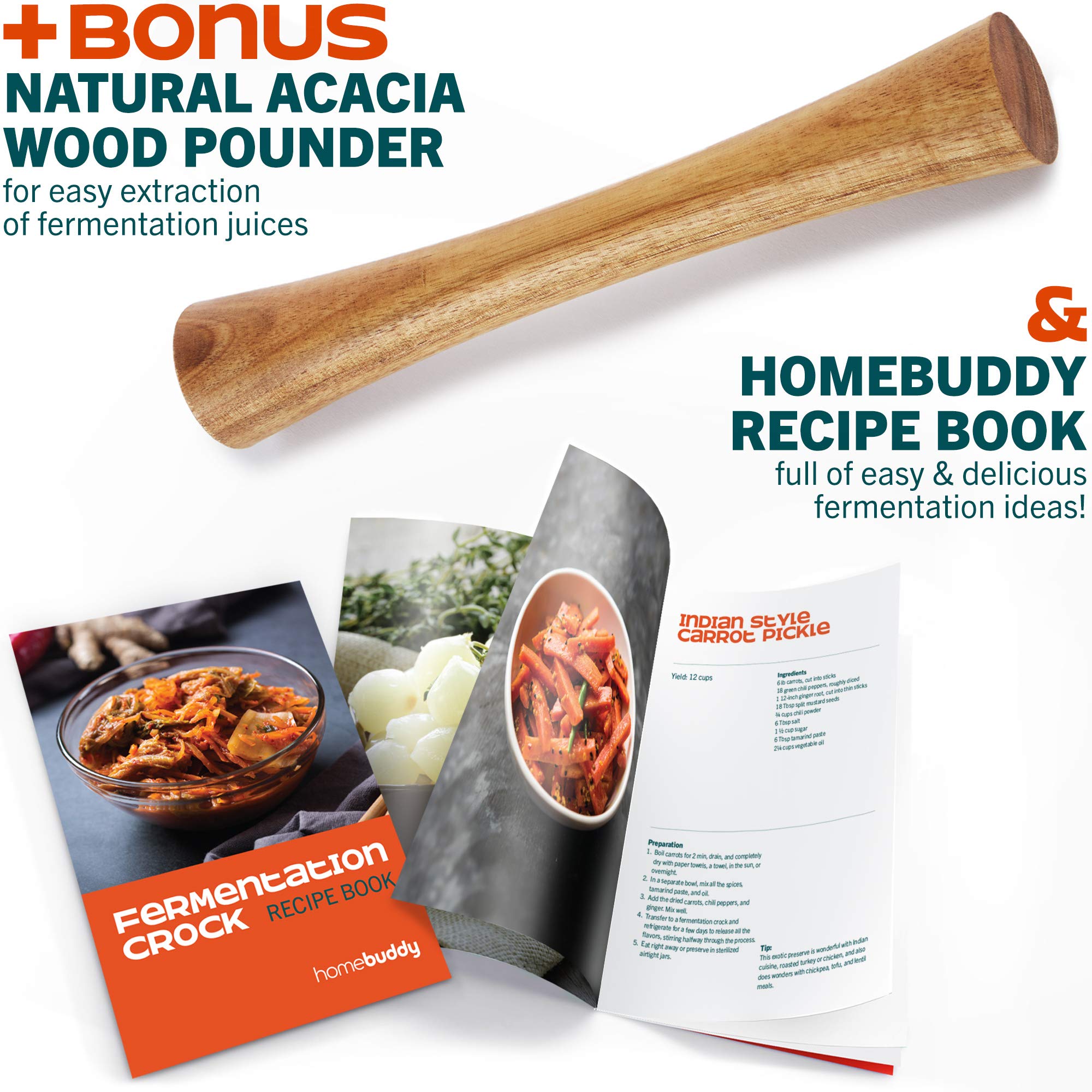 Homebuddy Fermentation Crock (1 Gallon) With Weights, Acacia Wood Pounder And Recipie Book - Sauerkraut Fermentation Kit, Onggi