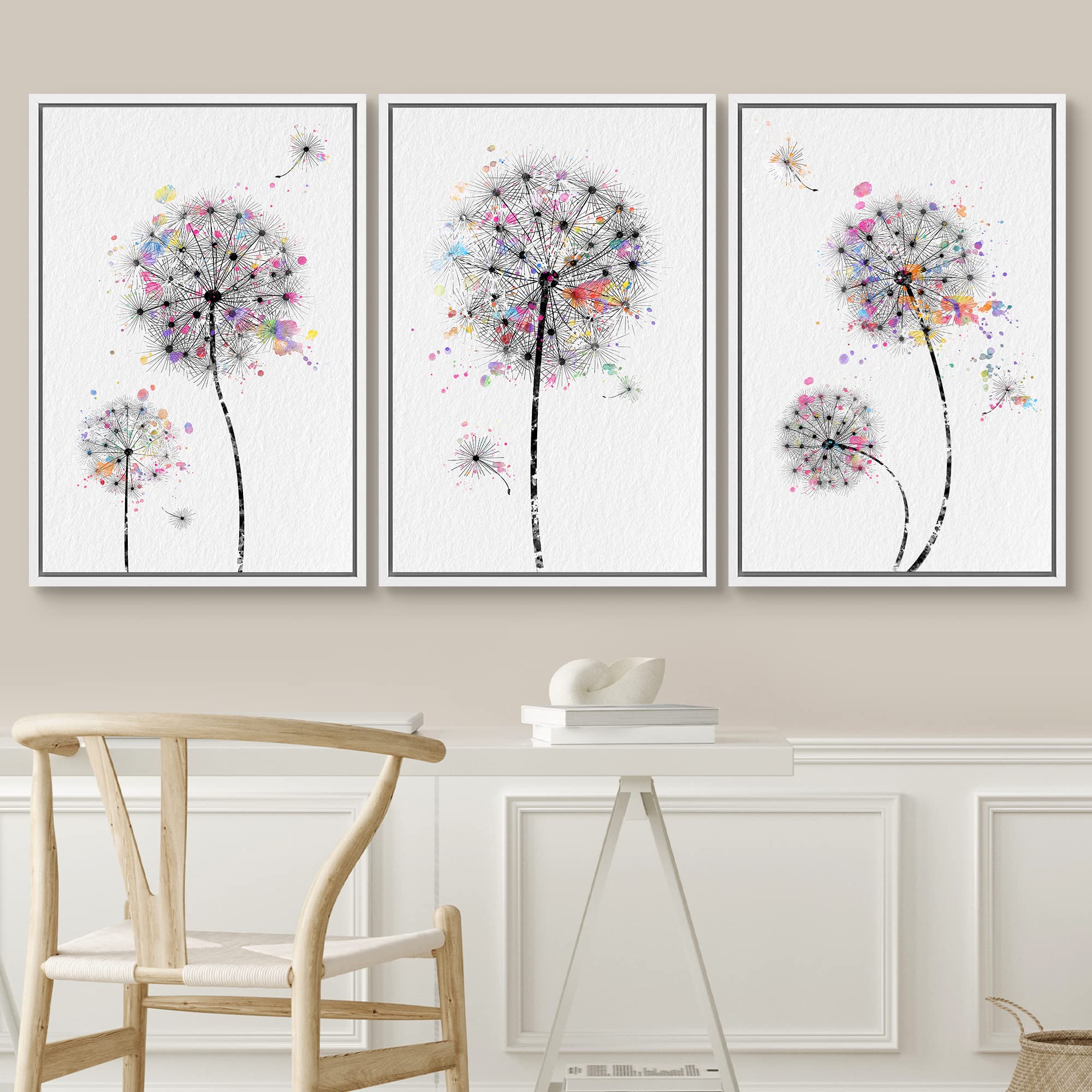 Signwin Framed Canvas Print Wall Art Dandelions & Watercolor Dots Floral Wilderness Drawings Modern Art Rustic Closeup Multicolo
