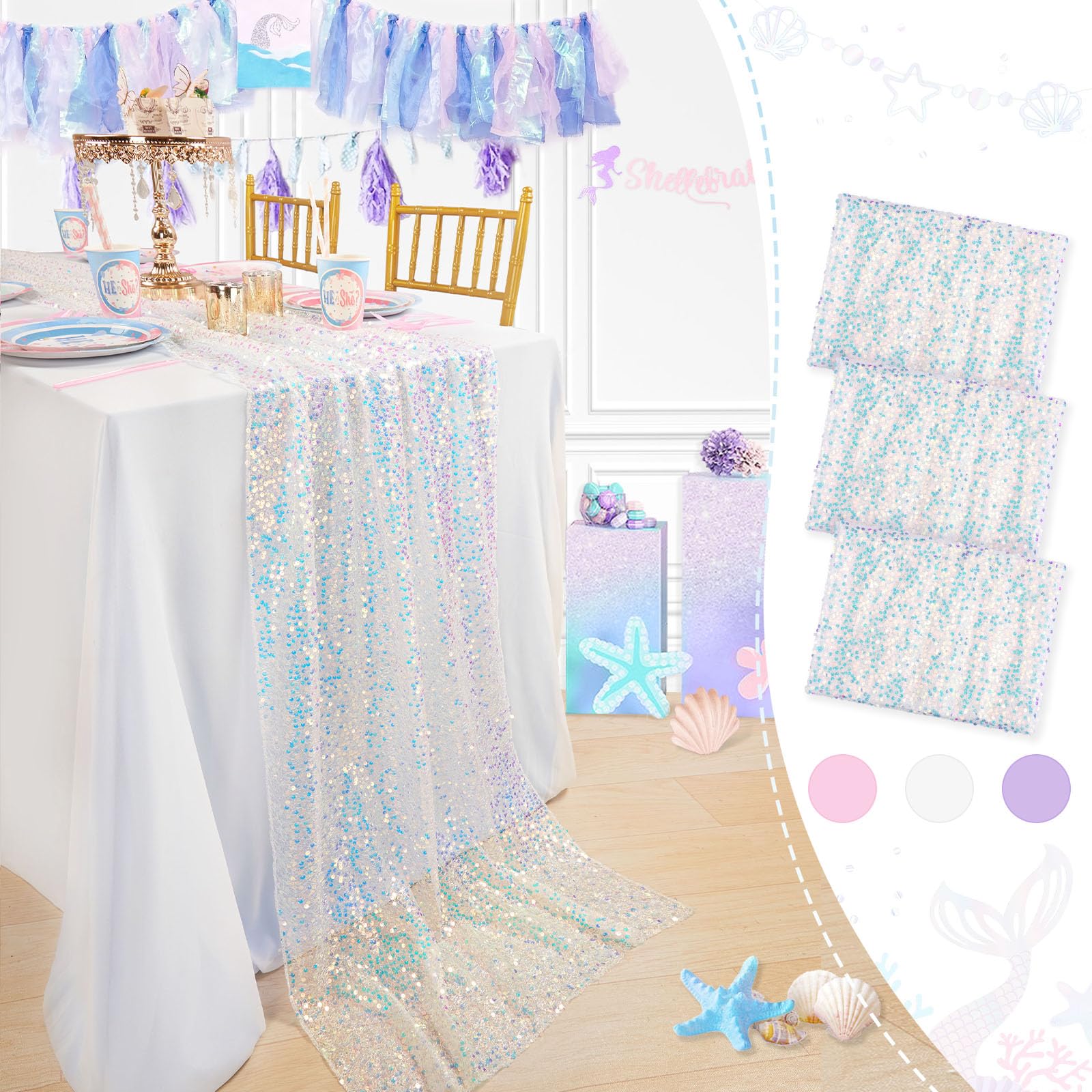 White Table Runner 3 Packs 25x120 Inches Iridescent Sequin Table Runner for Little Mermaid Birthday Ocean Themed Party Decoratio