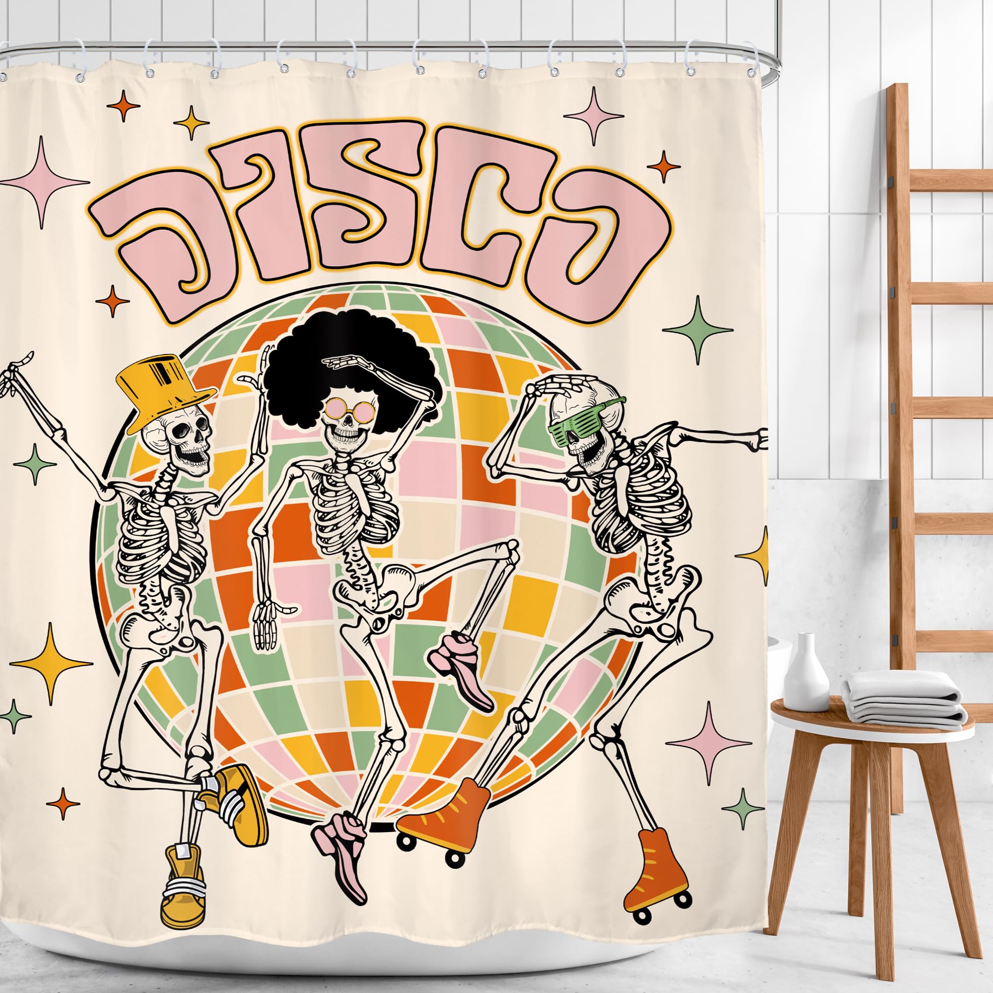 Mitpok Retro Skull Skeleton Shower Curtain, Funny Vintage Groovy Y2K 70S Disco Shower Curtain, Gothic Spooky Cool Unique Modern