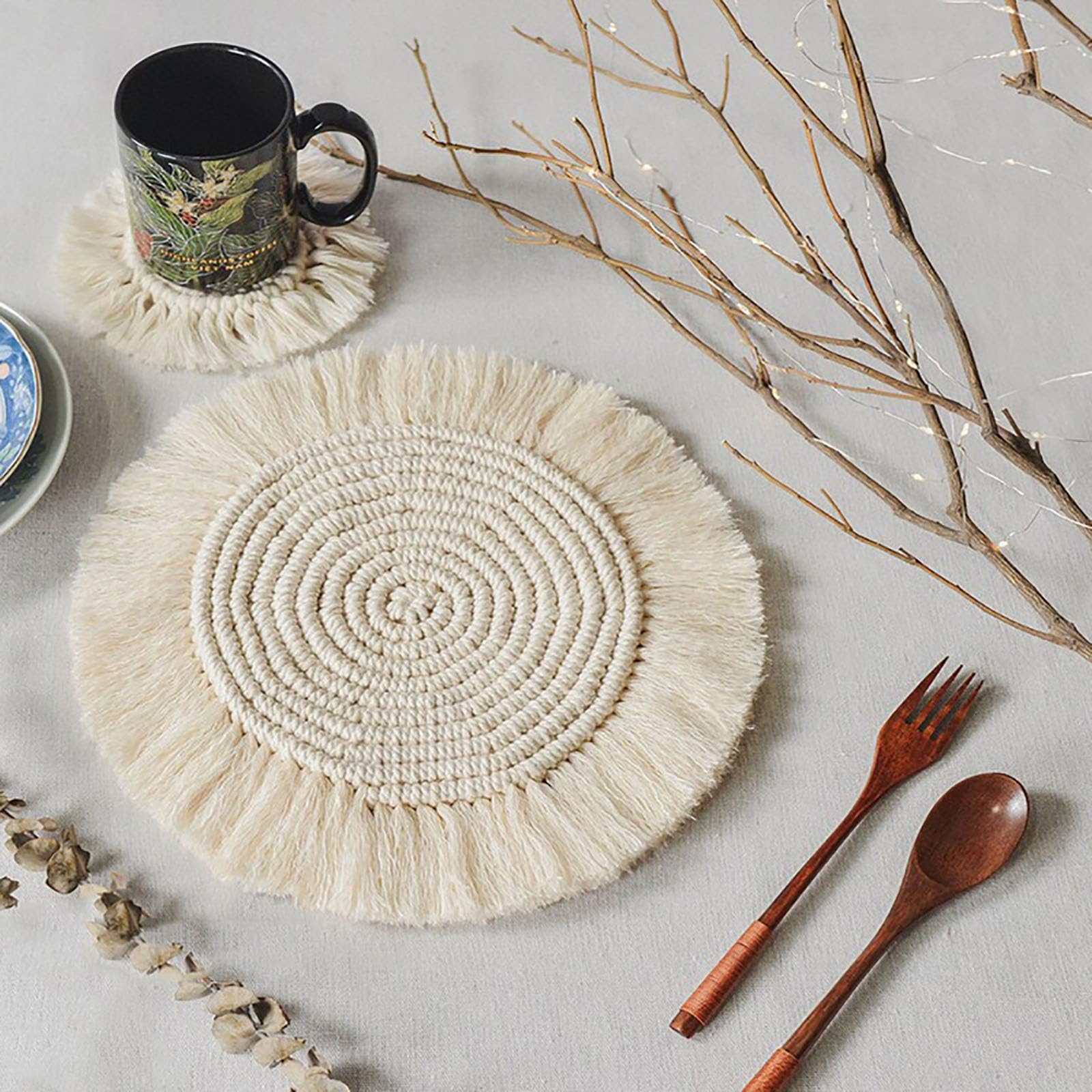2 Pcs Pot Holder Macrame Handmade Cotton Woven Boho Placemats Tassels Table Mats Coaster Hot Dishes Round Braided Placemats For