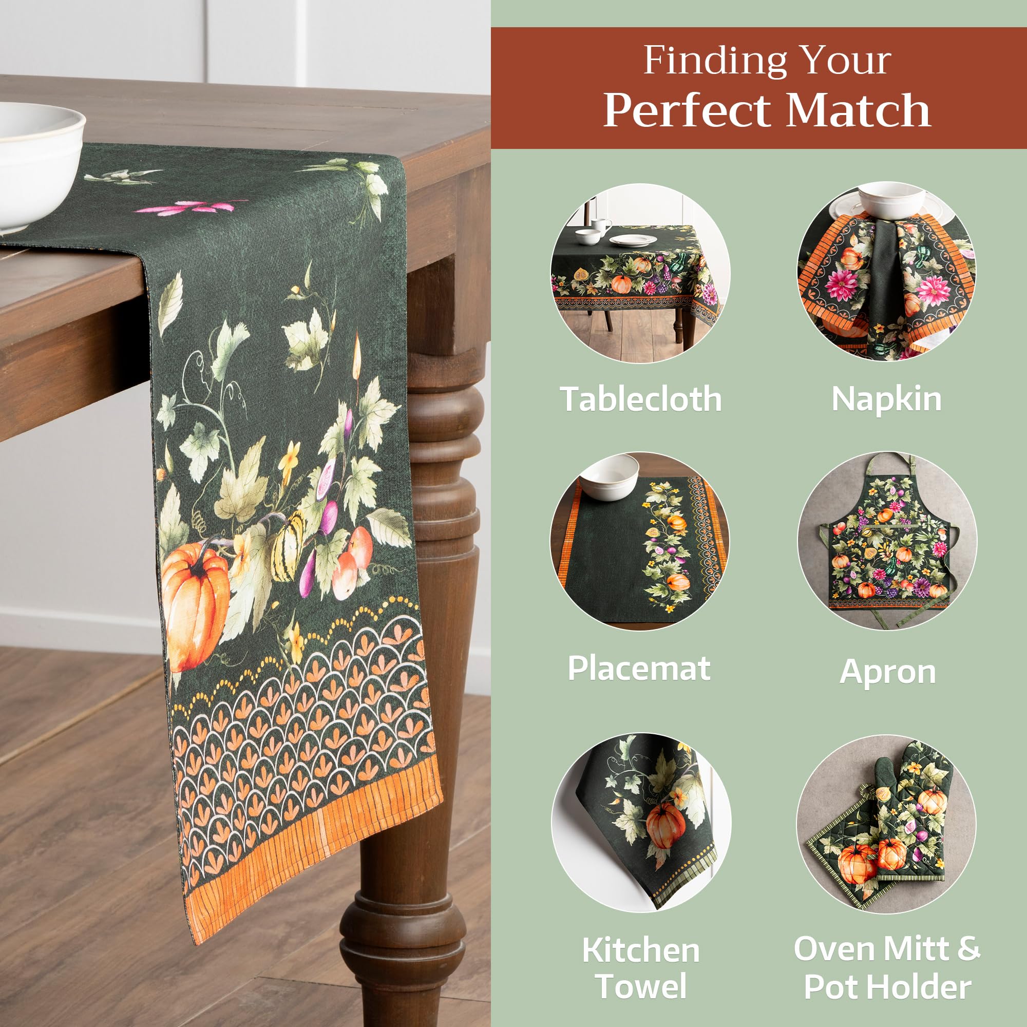 Maison d' Hermine Tablerunners 100% Cotton Decorative Tablerunner Table Cover for Gifts  Holiday  Dinner  Pumpkin Garden - Dark Green (Double Layer) - Thanksgiving/Christmas (14.50''x72'')