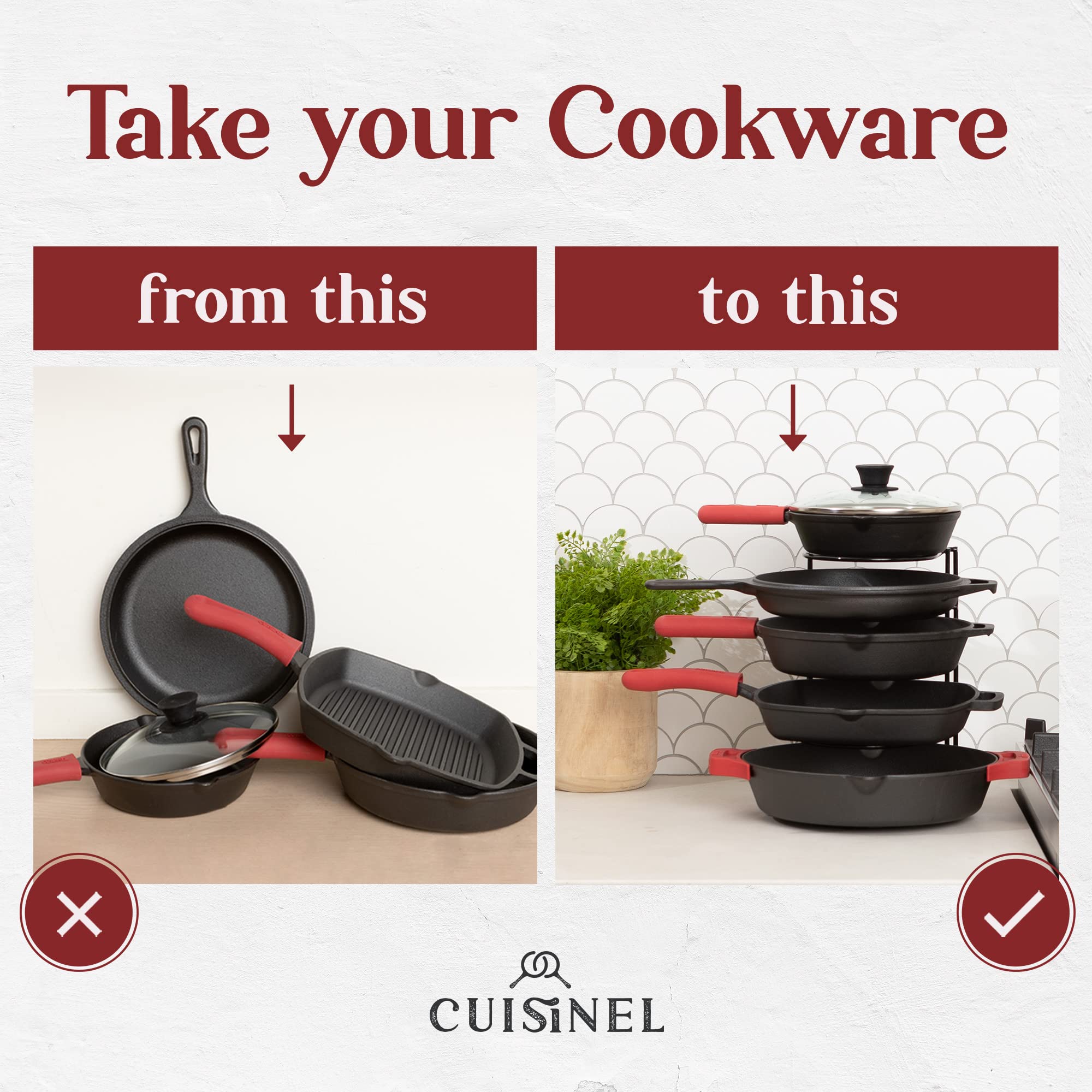 Pan Organizer - Silicone-Coated Non-Slip 12'' Heavy Duty Skillet Rack - Kitchen Counter/Cabinet Organization Storage - Holder Fo