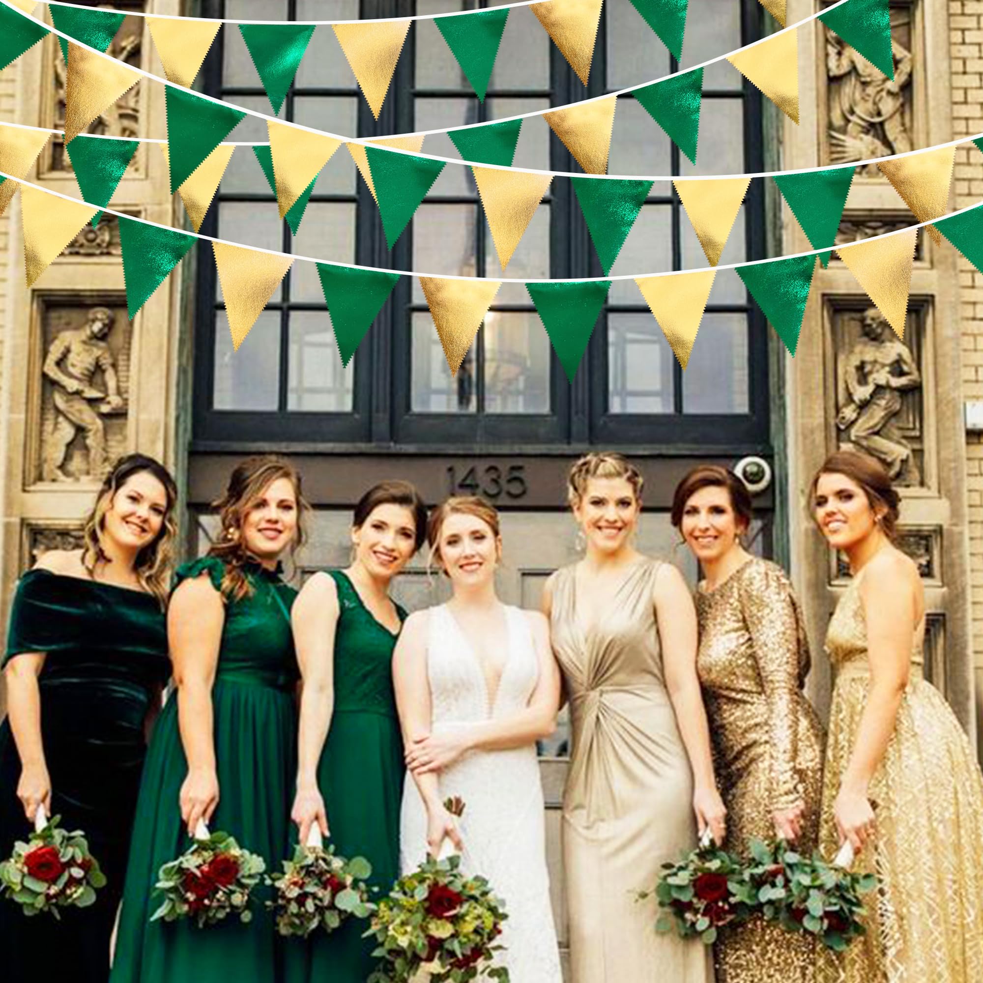 Green Gold Party Decorations Metallic Fabric Triangle Pennant Banner Flag Bunting Garland For Graduations Birthday Retirement We