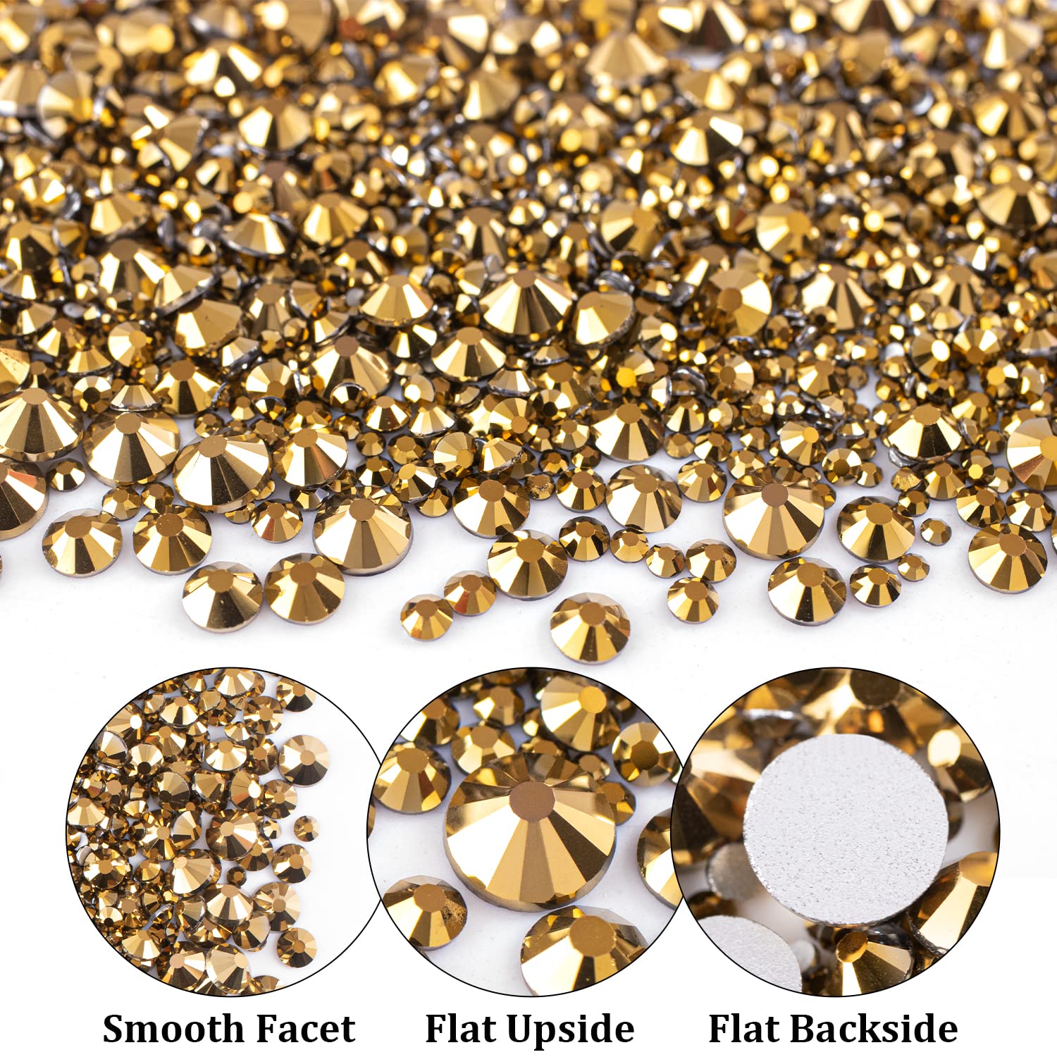 One Pack 2000 Pcs Of Flatback Round Mineral Gold Rhinestones 6 Sizes (15-6 Mm) With Nail Art Rhinestone Picker Pencil And Tweeze