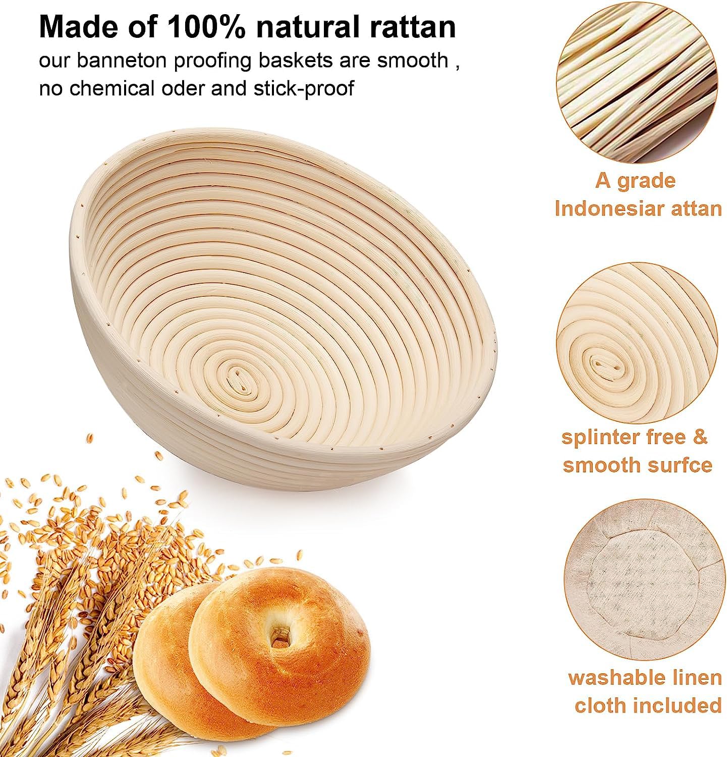 Homedisiac Banneton Bread Proofing Basket Set Of 2, 9 Inch Round Sourdough Bread Baking Supplies, Bread Making Starter Kit, Proo