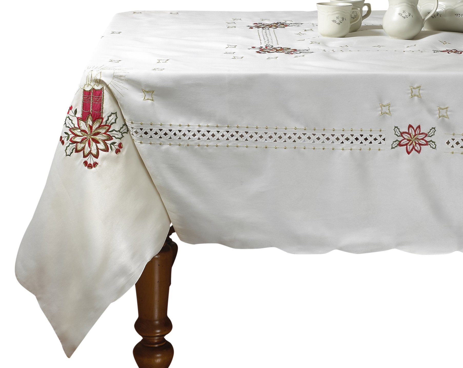 Seasonal Holiday Christmas Candles Vintage Holiday Embroidered Design Tablecloths- Beige - 70 by 120 Oblong/Rectangle