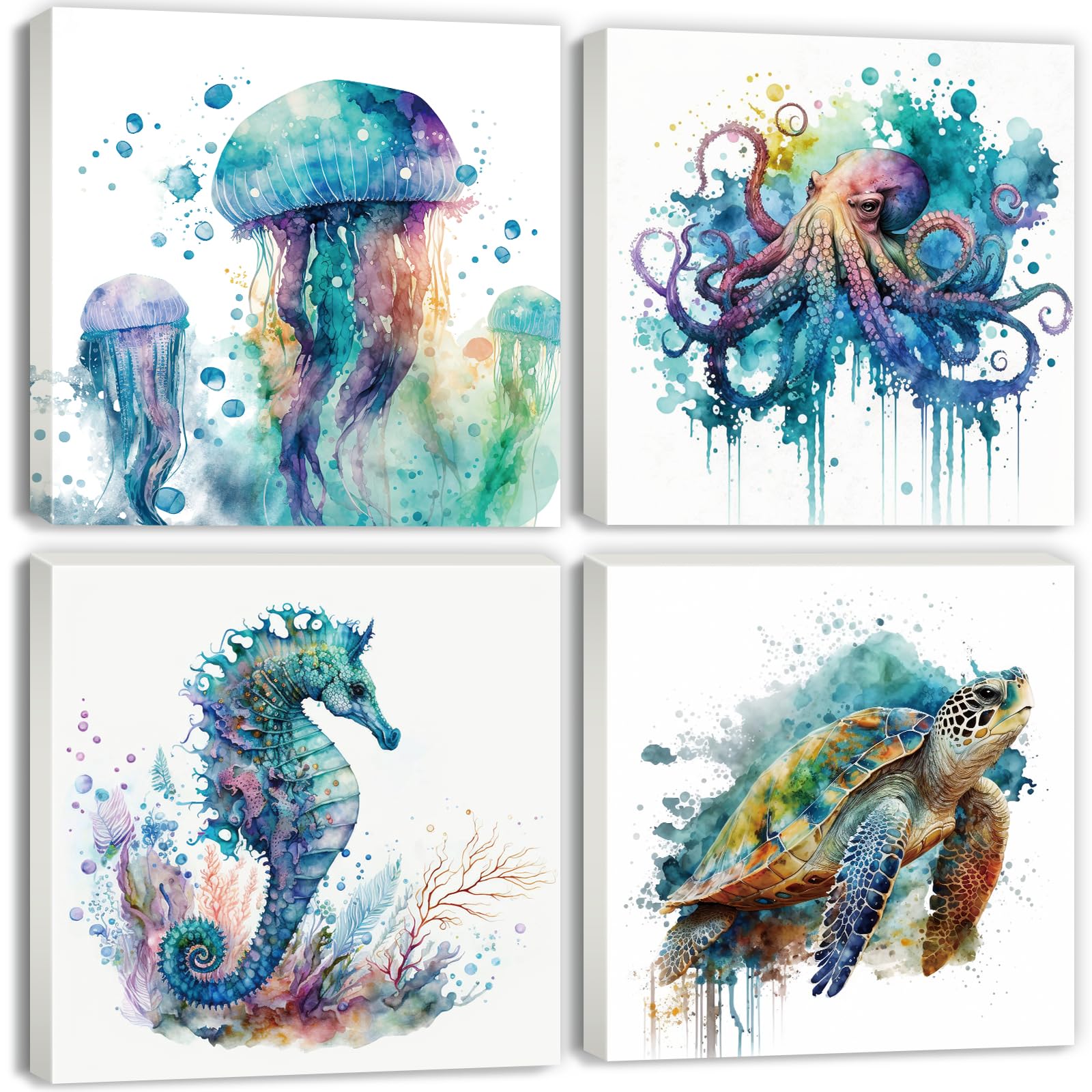 Ocean Animals Wall Art Sea Turtle Jellyfish Wall Pictures Bathroom Decor Watercolor Teal Octopus Seahorse Canvas Prints Bedroom