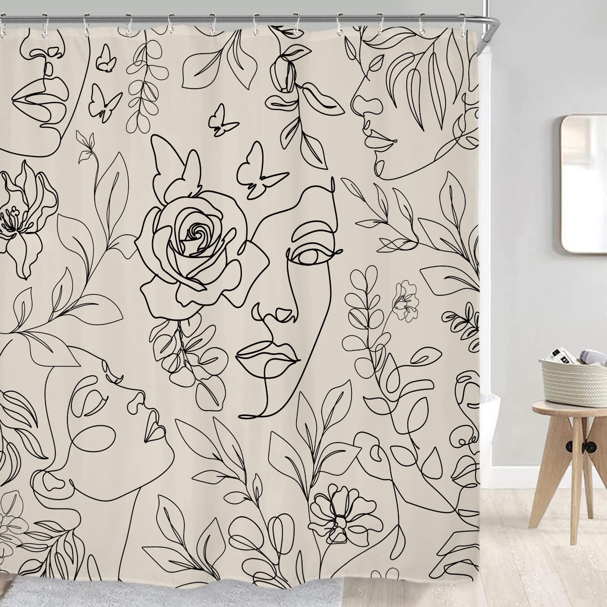 Riyidecor Abstract Face Shower Curtain For Bathroom Decor 72Wx72H Black Lines Women Face Floral Butterfly Silhouette Aesthetic M