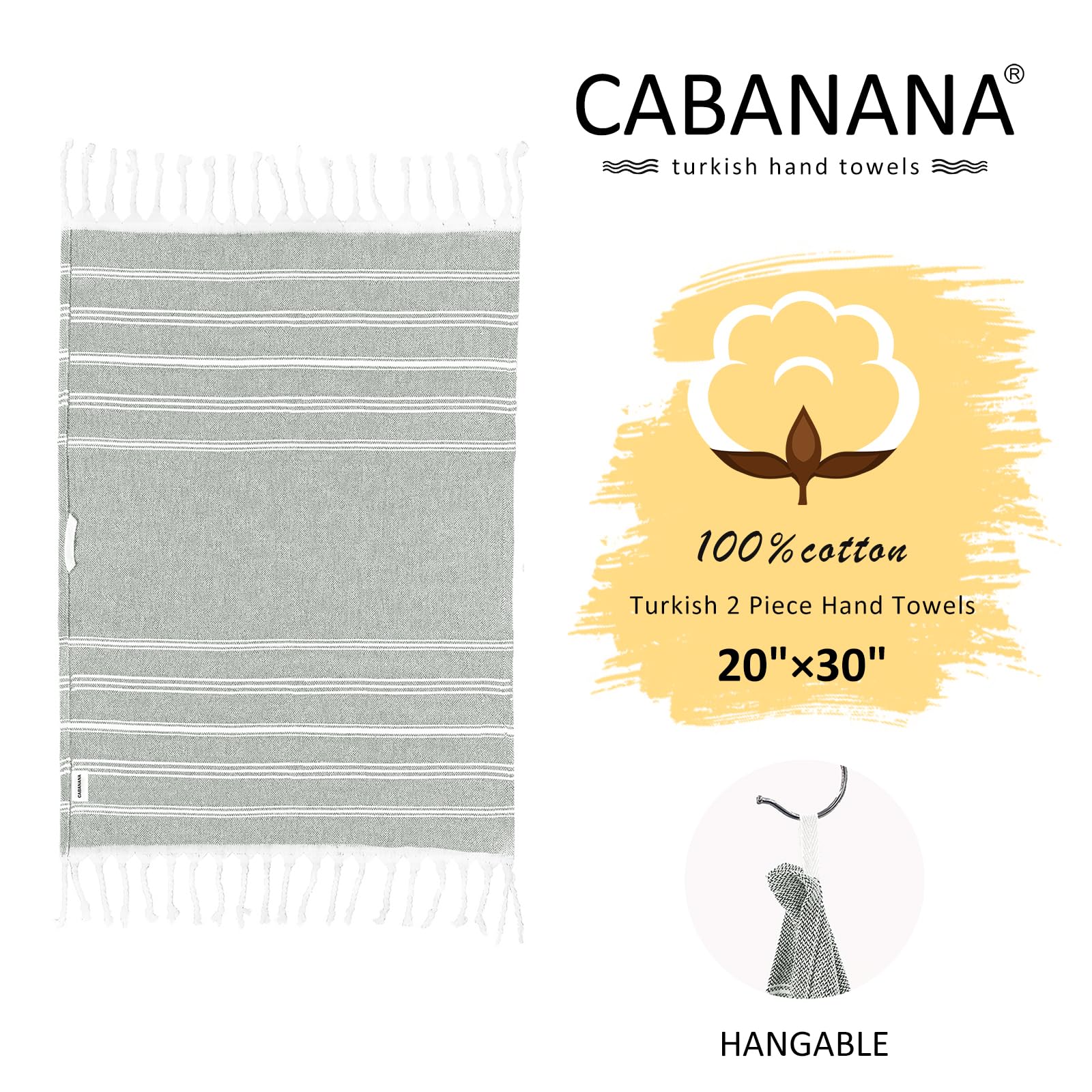 Cabanana Cotton Turkish Hand Towel - Set Of 2 | Boho Kitchen Tea Towels, 30 X 20 Inches Thin Decorative Bathroom Towel (Grey)