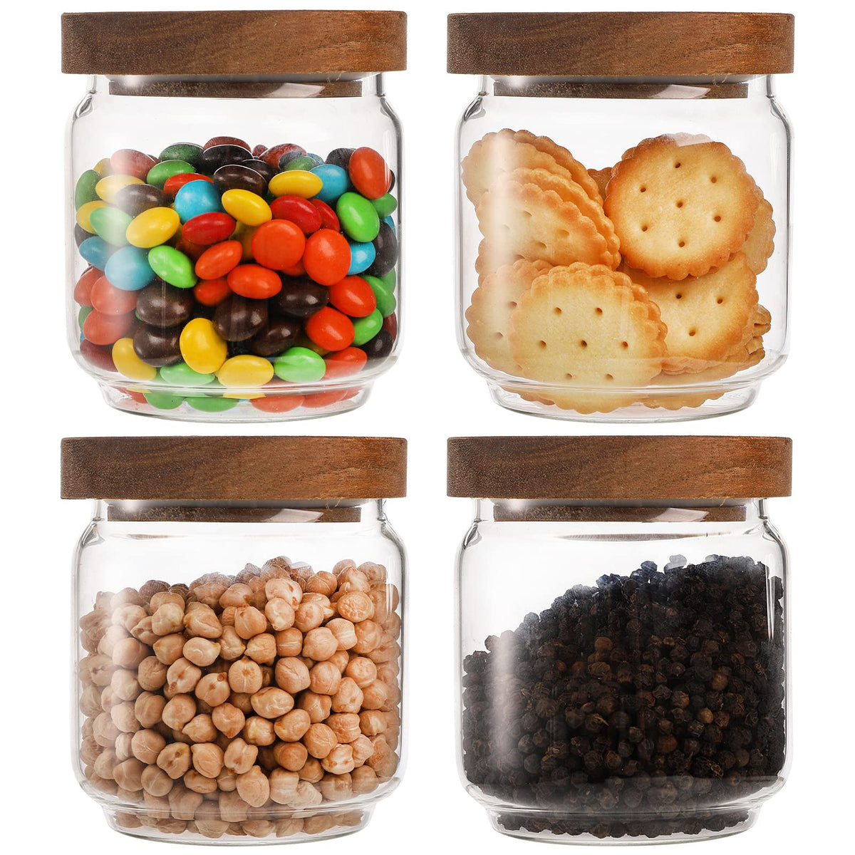 Bekith 4 Pack 15 Fl Oz (450Ml) Glass Food Storage Jar With Acacia Lids, Airtight Sealed Clear Glass Canisters, Kitchen Food Stor