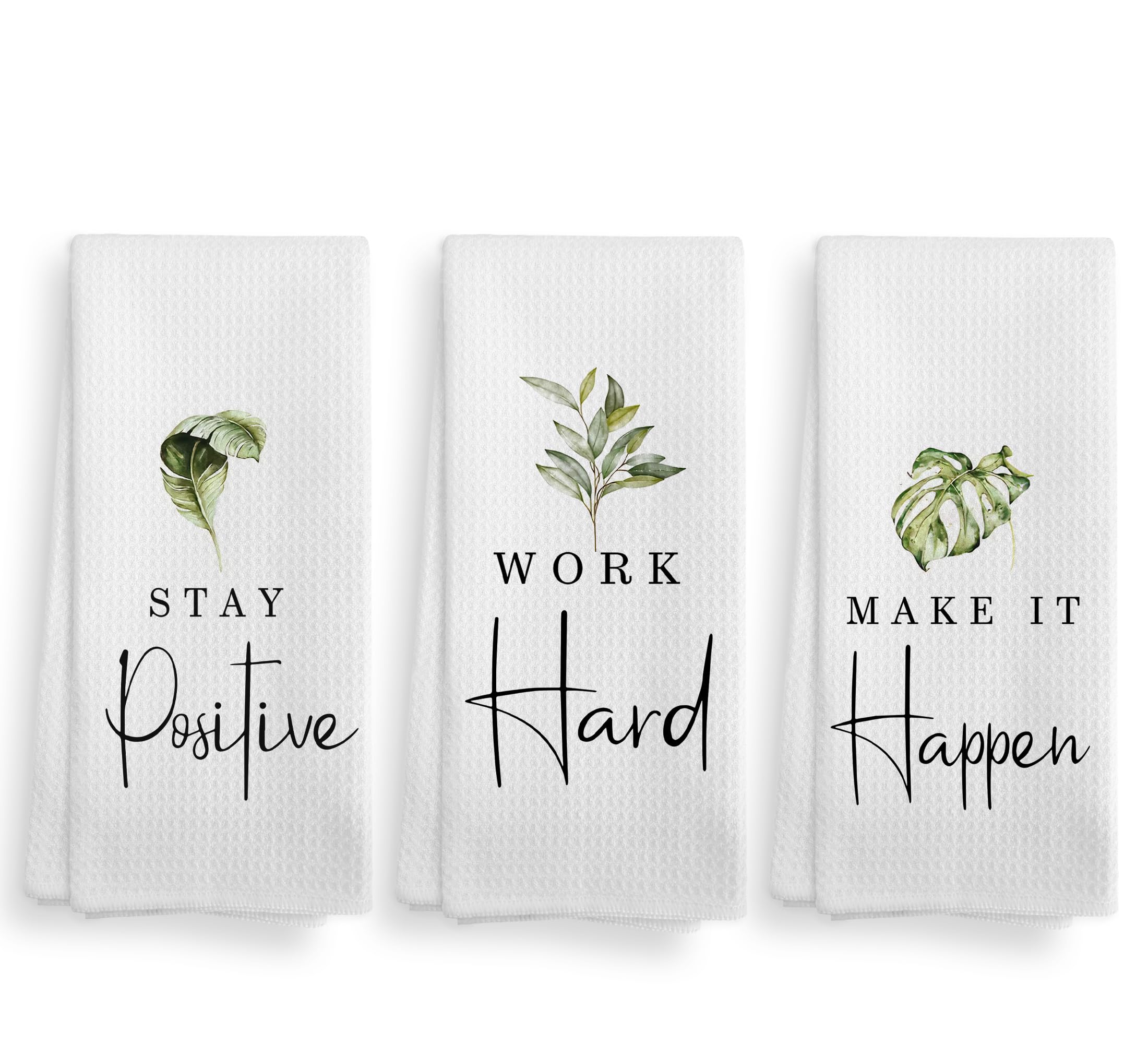 Noql Stay Positive Work Hard And Make It Happen Green Leaf Kitchen Towel And Dishcloths Set Of 3,Inspirational Quotes Absorbent