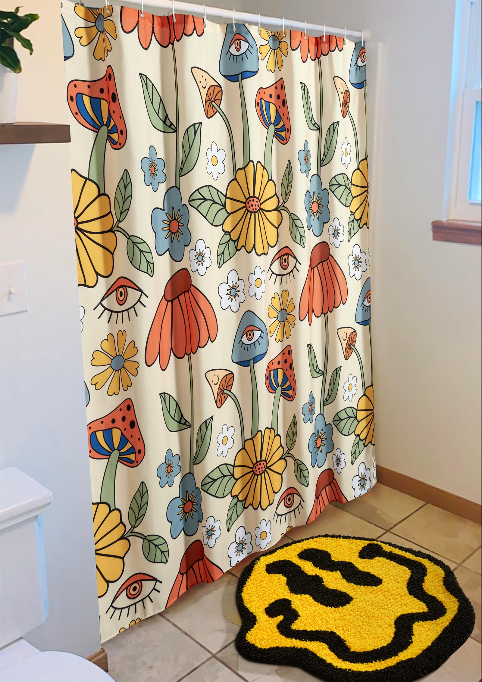 Estmy Trippy Happy Face 2Ft Round Bathroom Rugs Yellow/Black Non Slip Rubber Backed Washable, Groovy Aesthetic Abstract Hippie R