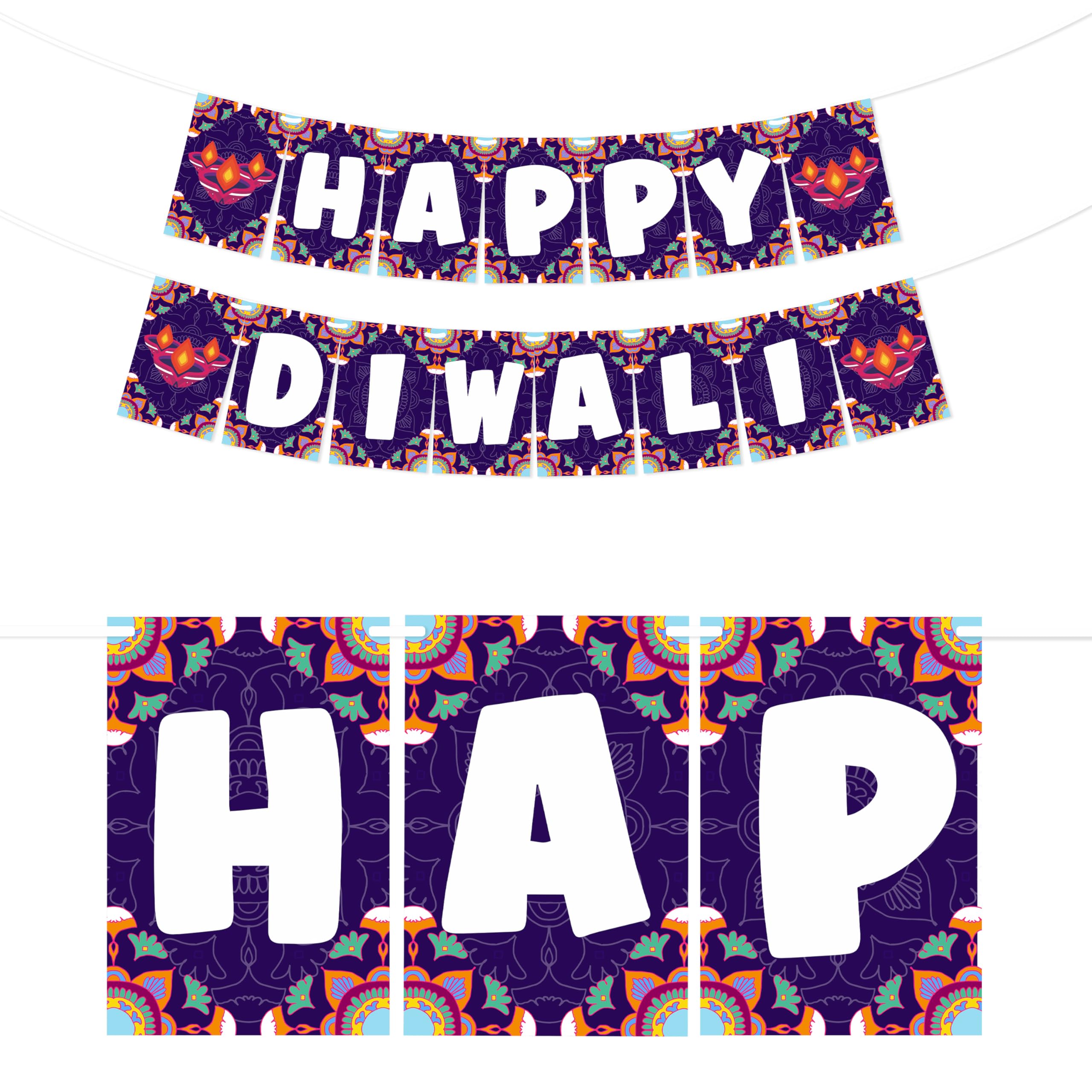WOBBOX Diwali Decoration Bunting Banner, Happy Diwali Blue Color Mandala Floral Design With White Font, Diwali Decoration Item,