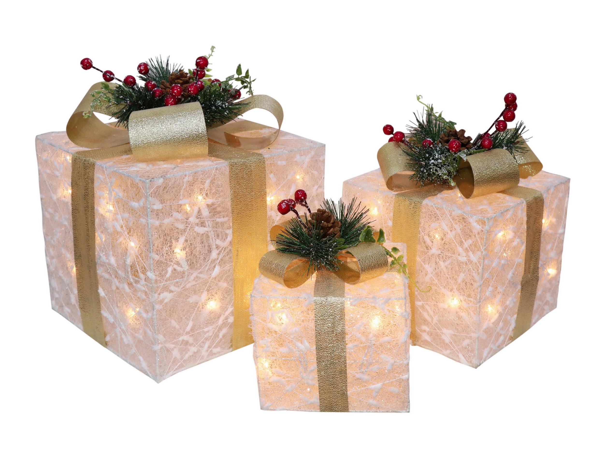 Seasonal LLC Christmas White Glitter Giftbox Pre-Lit Set of 3 | LED Lights are Energy-efficient and Long Lasting | Indoor or Out