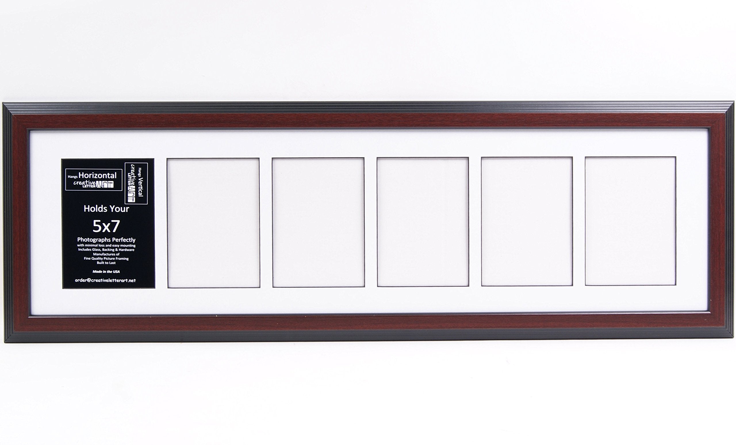 Creative Letter Art 6 Opening Glass Face Mahogany Picture Frame to hold 5 by 7 inch Photographs including 10x36-inch White Mat C