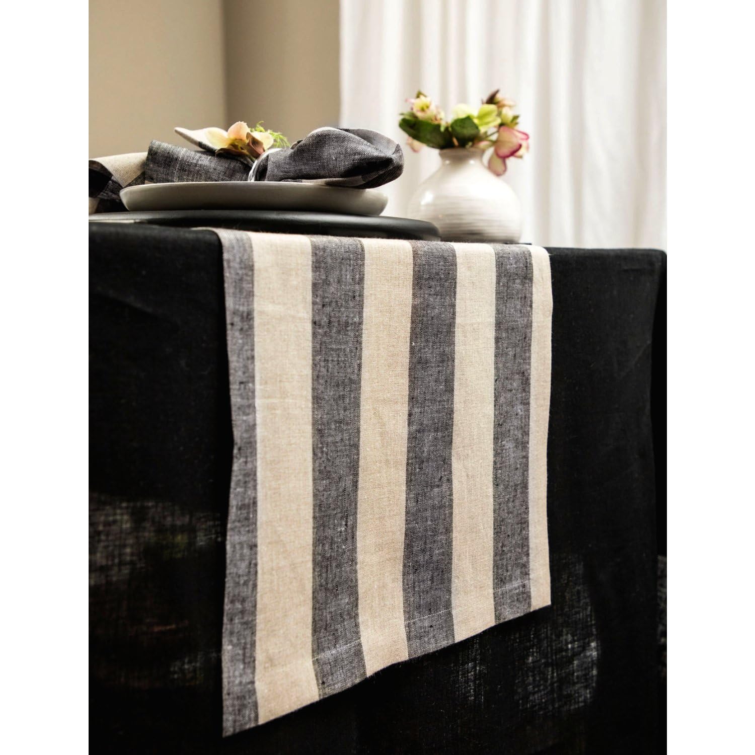 Solino Home Linen Stripe Table Runner 108 Inches Long - 100% Pure Linen Black And Natural Table Runner 14 X 108 Inch - Cabana St