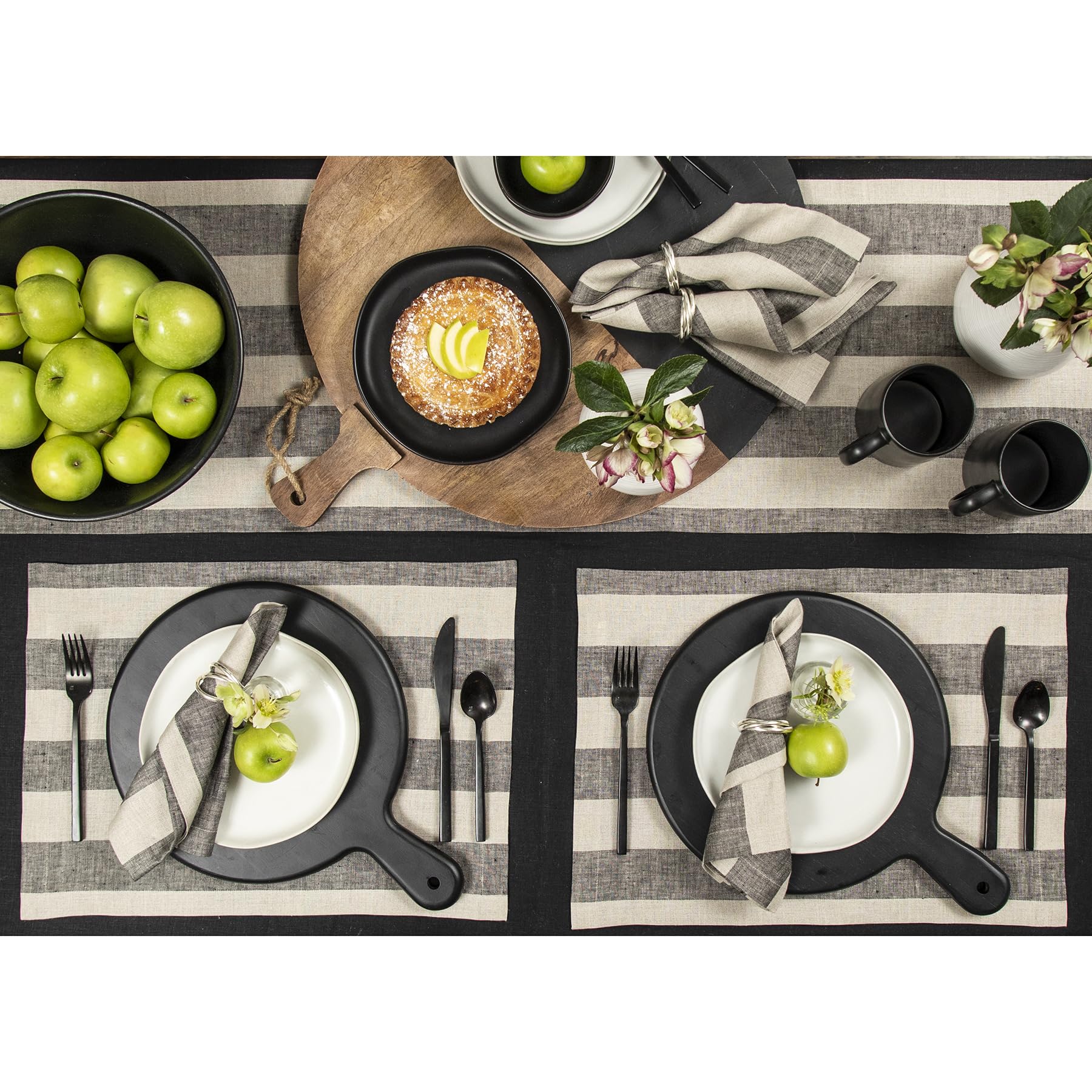 Solino Home Cabana Stripe Linen Table Runner 14 X 72 Inches Long - 100% Pure Linen Black And Natural Table Runner - Handcrafted