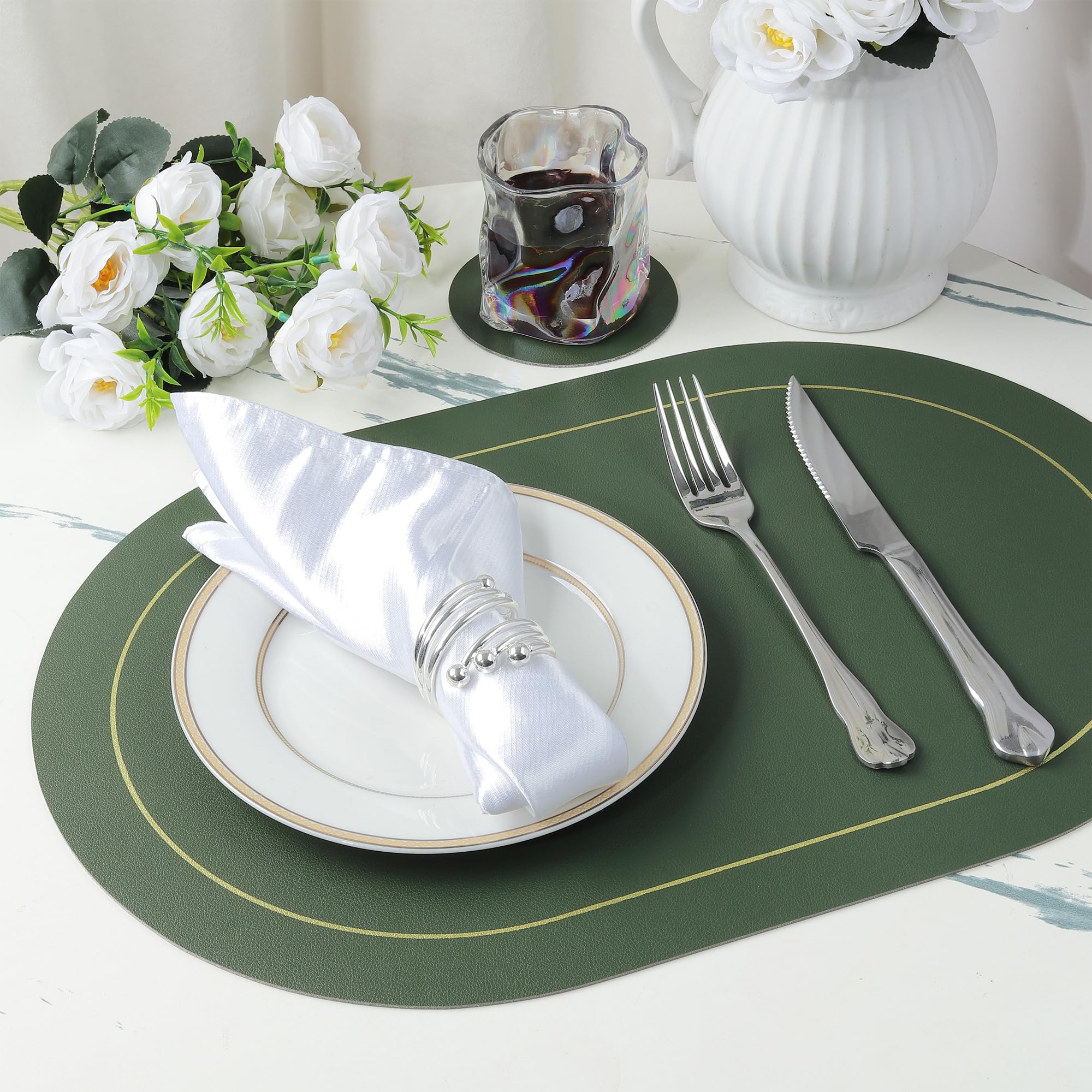 Fanquare Oval Placemats And Small Round Coasters Set Of 12 Faux Leather Placemats And Coasters Waterproof Double-Sided Color Din