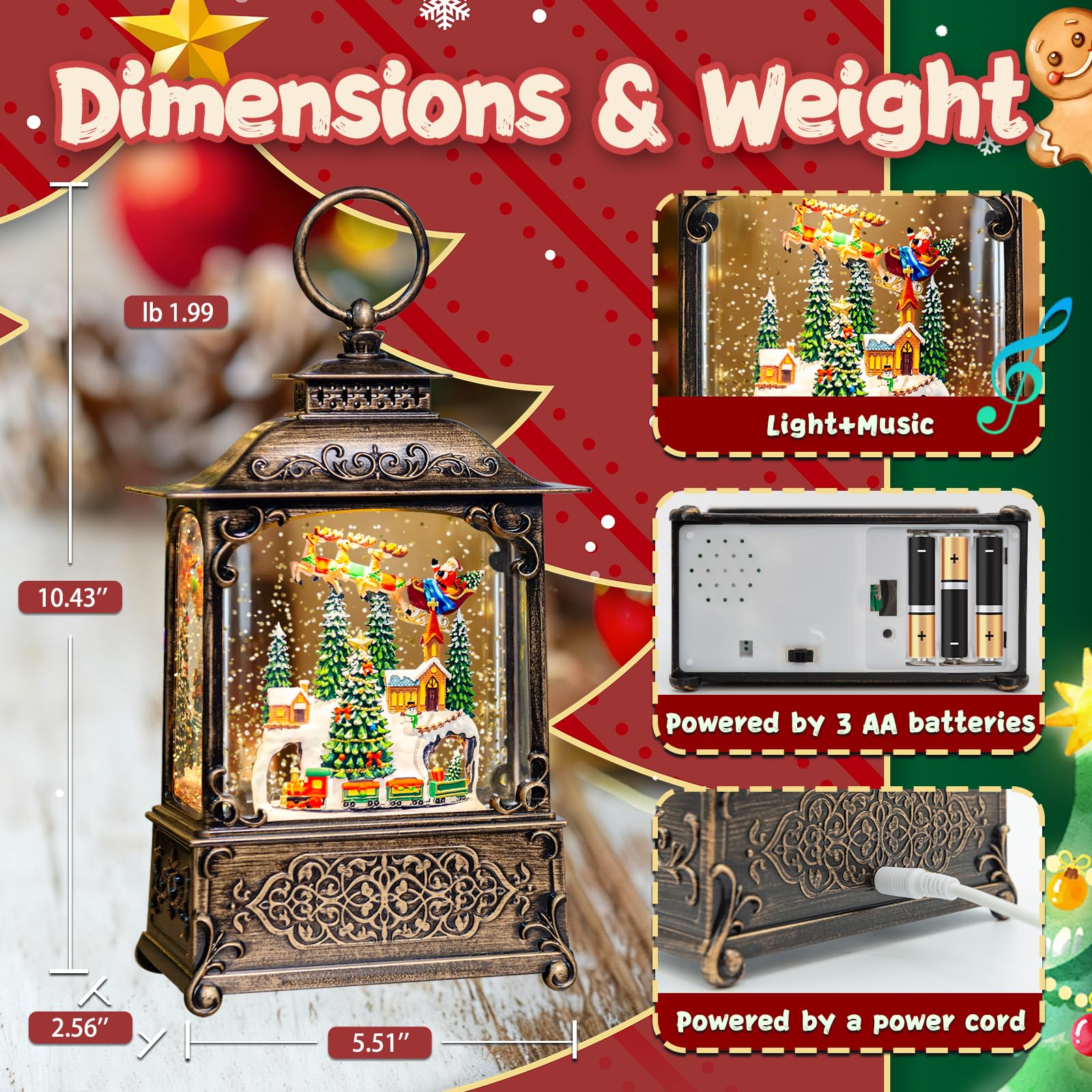 Christmas Snow Globes Lantern, Santa Claus & Train Christmas Decorations Indoor, 6H Timer Battery & USB Powered Light Up Musical