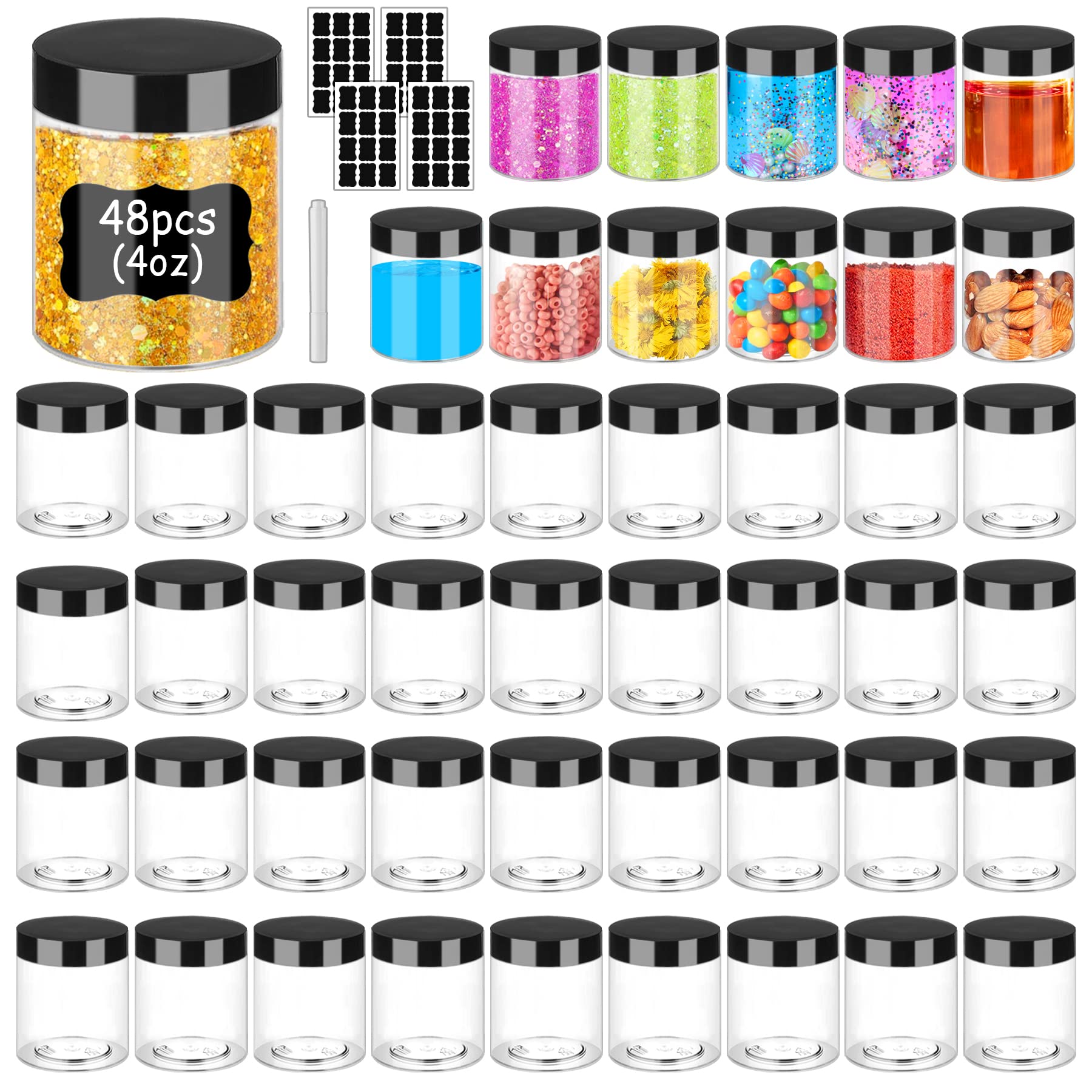 Plastic Jars With Lids 4Oz 48Pcs,Small Cosmetic Slime Containers Clear Travel Round Jars Empty Refillable Sample Containers Leak