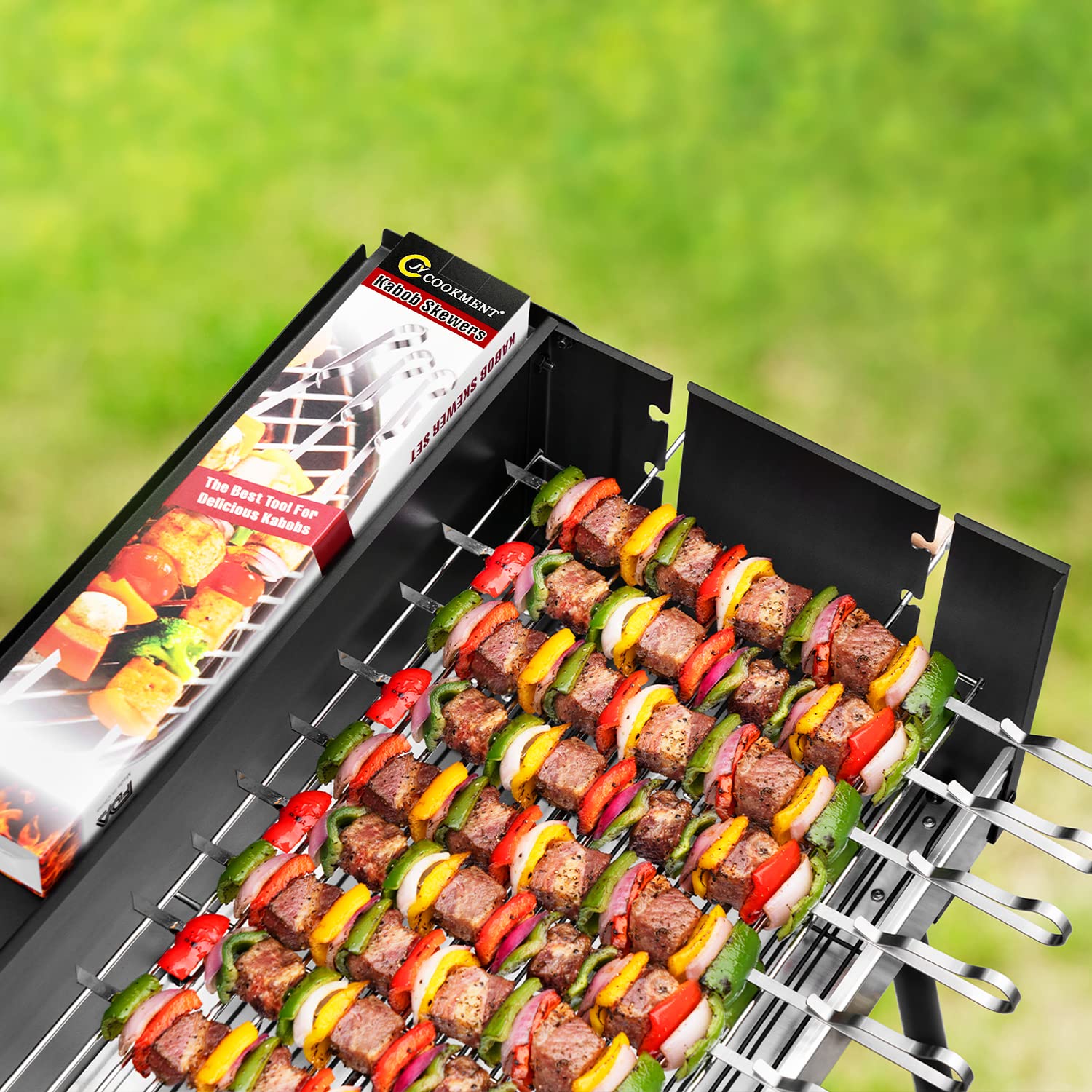 Kabob Skewers 17'' Stainless Steel Long BBQ Barbecue Skewers  Flat Metal Kebob Sticks Wide Reusable Grilling Skewers for Meat Chicken Set of 12 Including 2 Bonus Silicone Brush with Storage Bag