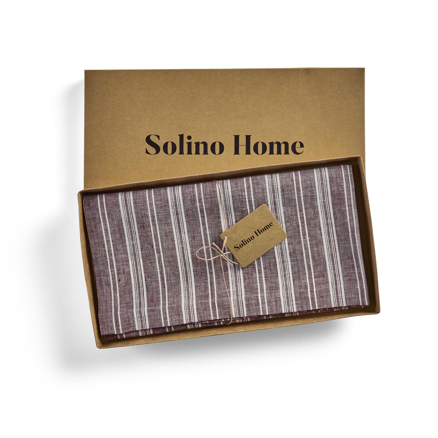 Solino Home Stripe Linen Tablecloth - 100% Pure Linen Burgundy And White Table Throw 52 X 52 Inch - Handcrafted And Machine Wash