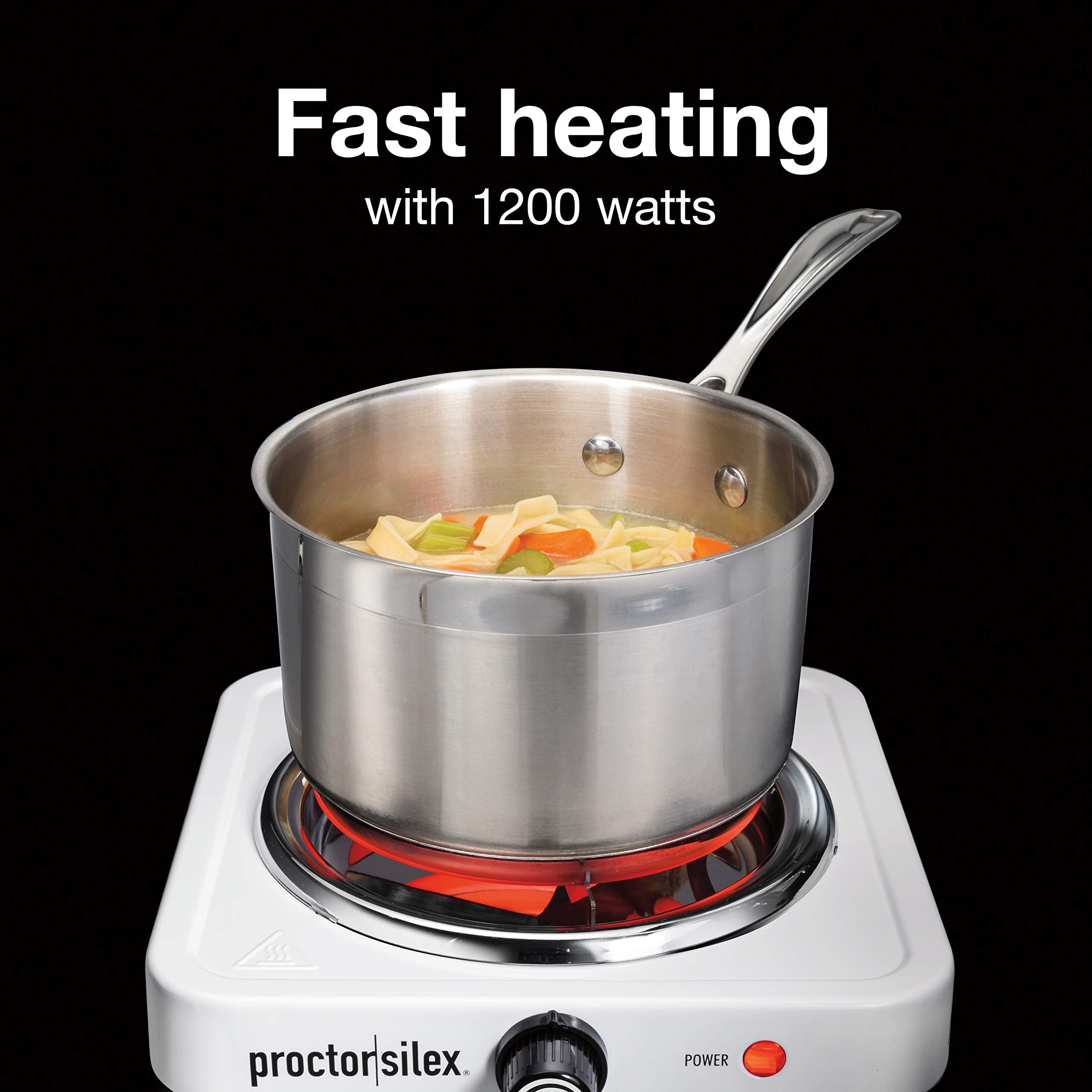 Proctor Silex Single Burner Electric Stove, 1200 Watts, Compact & Portable, Stainless Steel & White, Model 34106