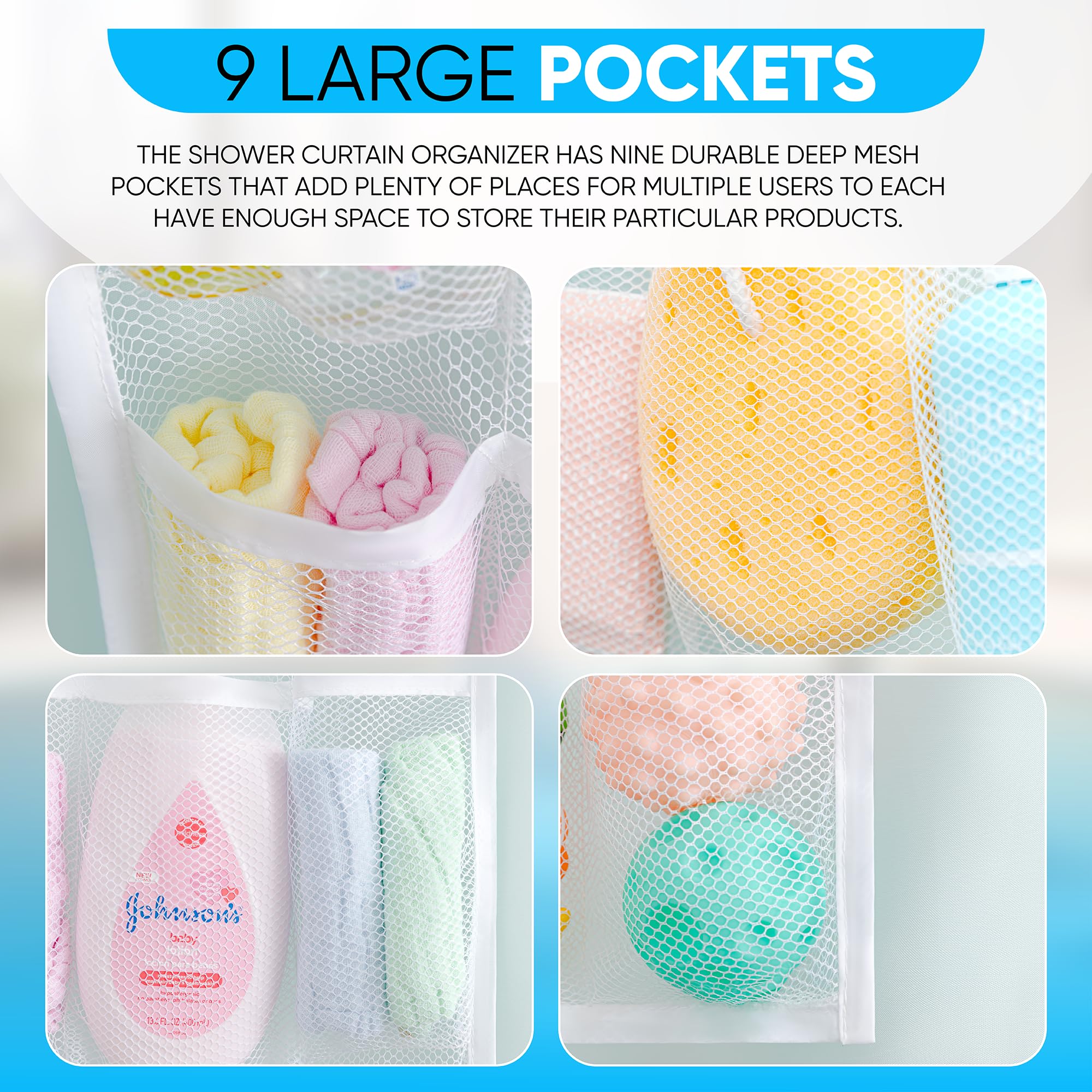 Handy Laundry 9 Pocket Shower Curtain Organizer - White, Durable Mesh for Toiletries & Toys, Model 5098