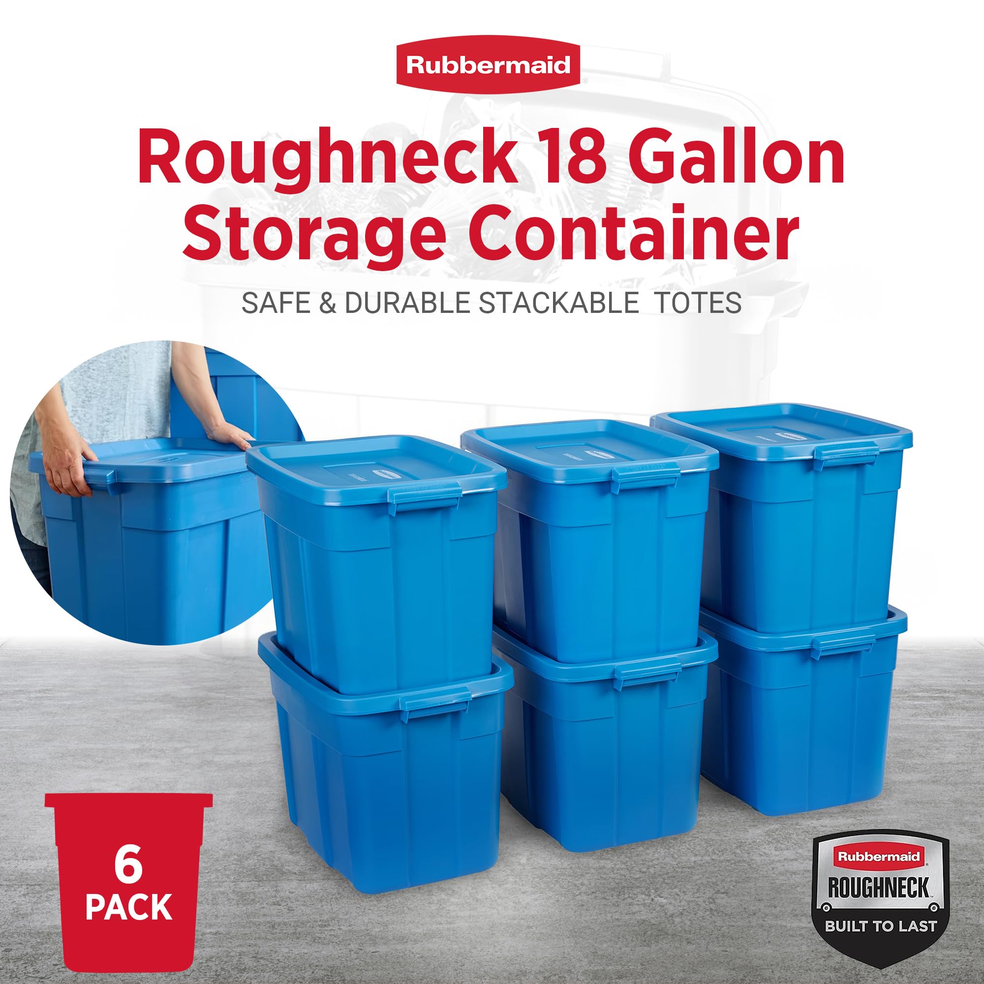 Rubbermaid Roughneck Tote 18 Gal - 6 Pack Made In The Usa Heritage Blue, Rugged Plastic Stackable Storage Tote With Lid And Hand