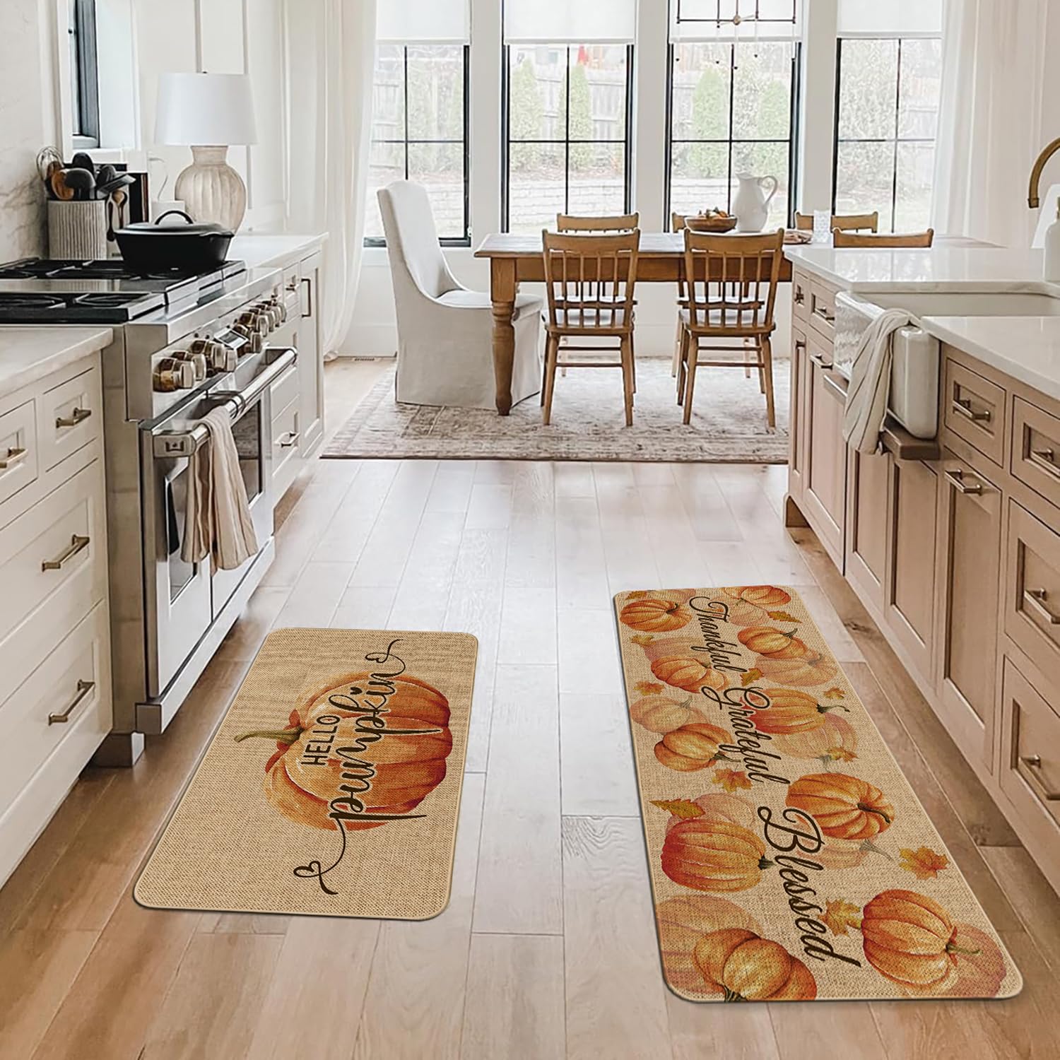 HSOWKDN Fall Kitchen Rugs Set of 2 Indoor Home Decor, Fall Kitchen Mats for Floor 2 Piece Non Slip Washable Hello Pumpkin Thanks