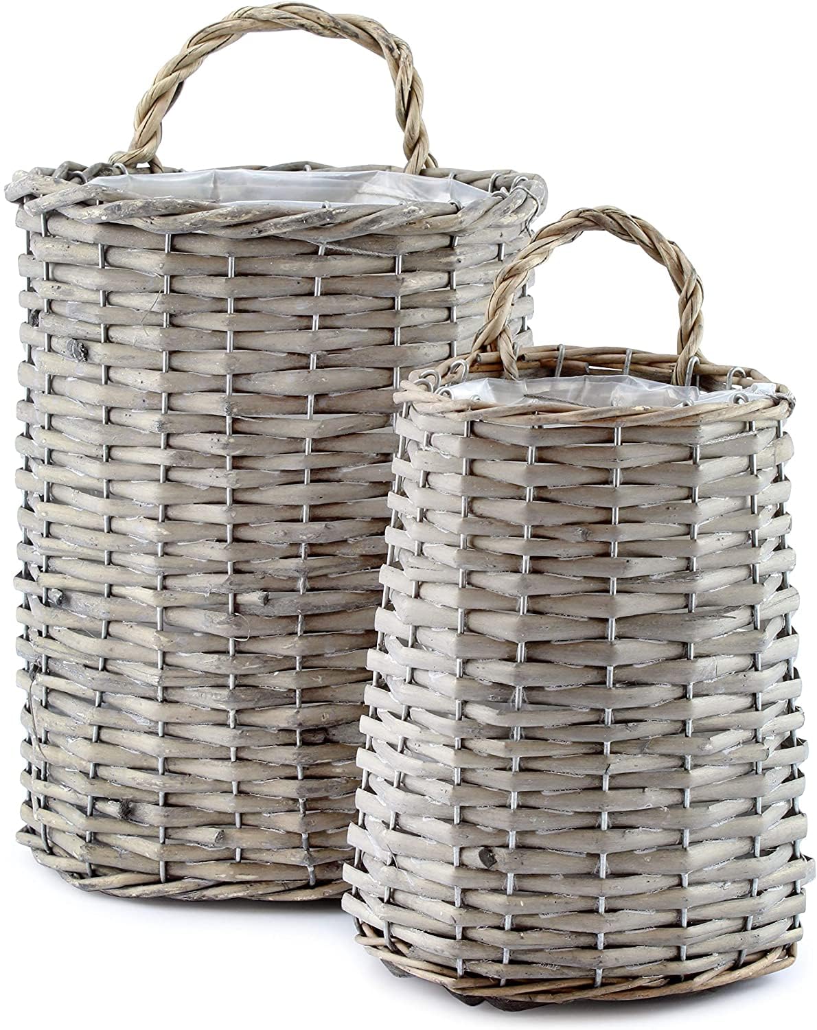 Auldhome Wall Hanging Baskets (Set Of 2, Gray); Woven Wicker Rustic Farmhouse Gray Washed Door Baskets, Small And Medium Size