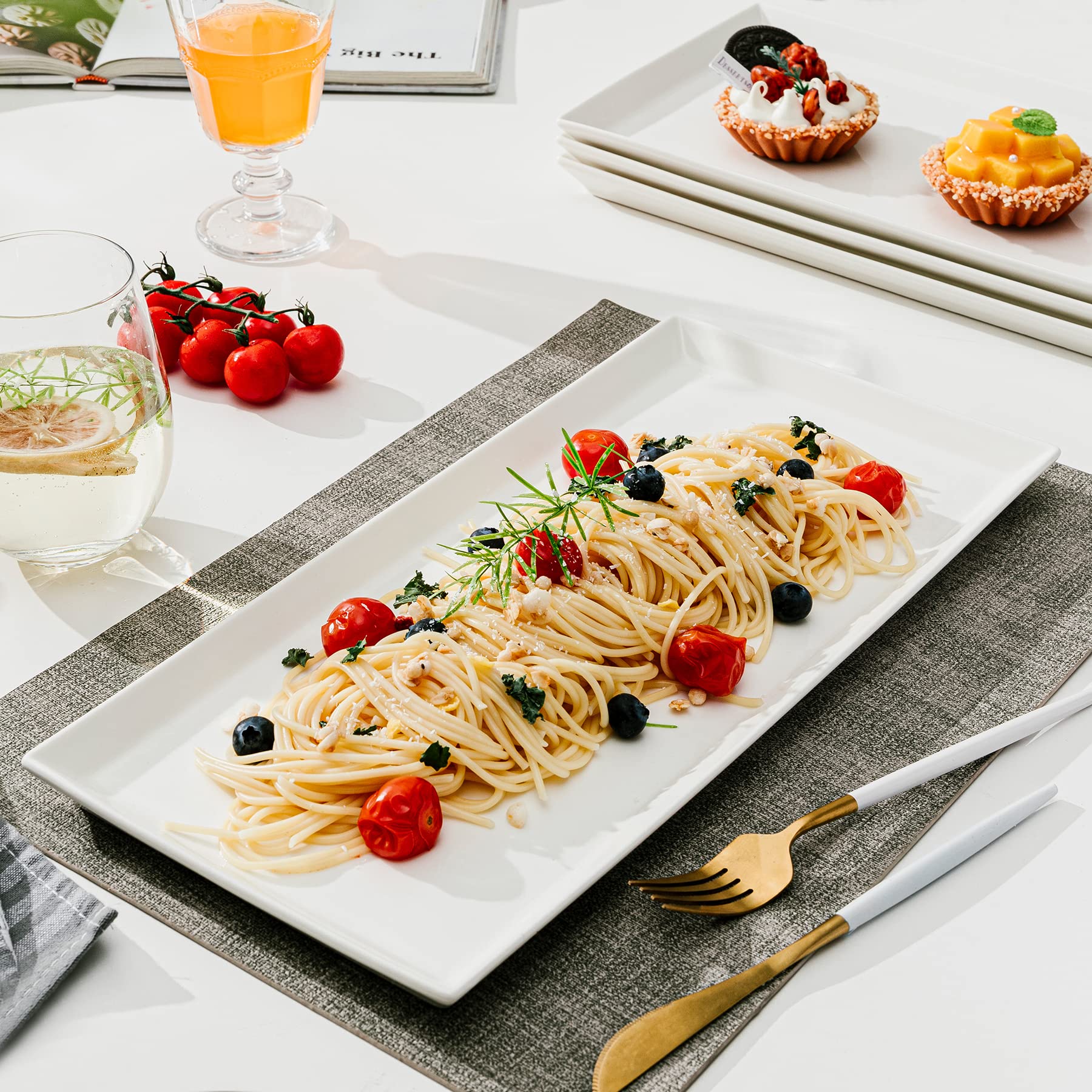 Sweese White Serving Platters, Porcelain Serving Trays For Parties, Large Rectangular Plates - 15.5 Inch, Set Of 4