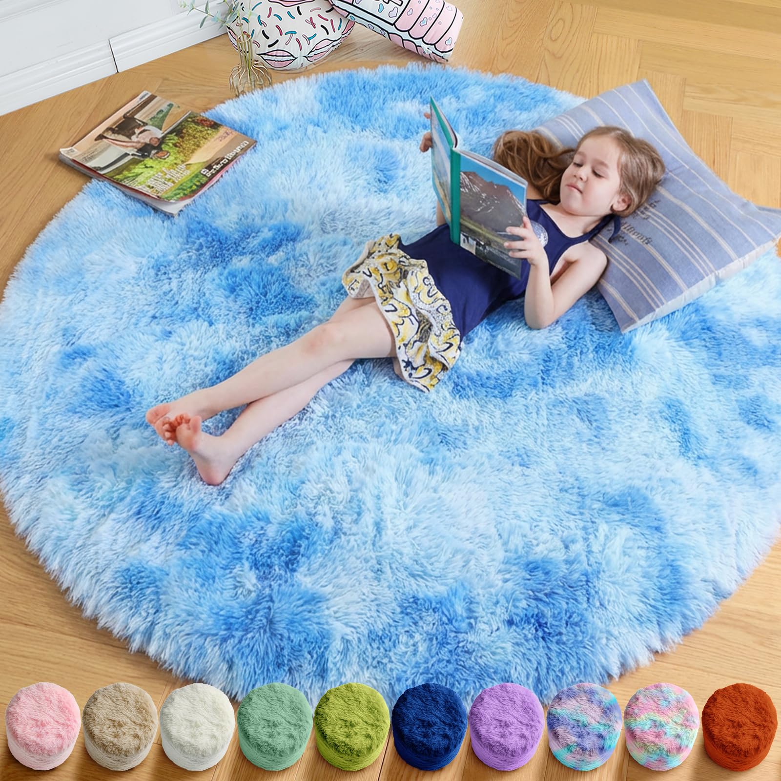 Amdrebio Tie-Dyed Light Blue Round Circle Rug 4Ft for Girls Bedroom, Soft Fluffy Cute Area Rugs for Kids, Boys Room Decor, Stitc