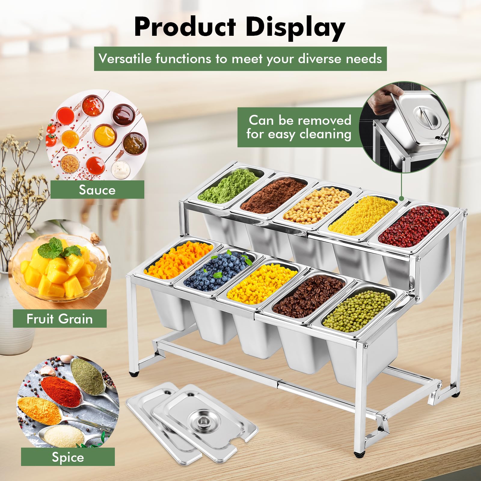 Meticuloso Expandable Spice Rack Stainless Steel Organizer Shelf For Sauce Ingredients Fruits, For Kitchen Pantry Use,10 Spoons,