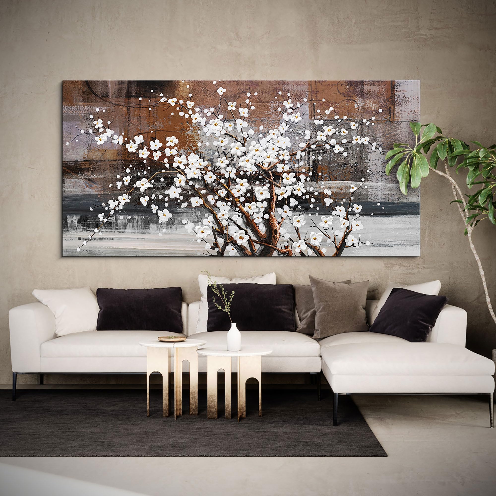 Wall Art For Living Room Large Modern Wall Decor Canvas Paintings For Wall Decorations White Flower Graffiti On Brown Background